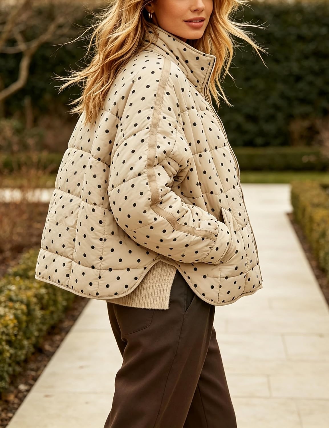 image:imageWomens Polka Dot Puffer Jacket Quilted Zip Up Winter Coat PocketsKhaki