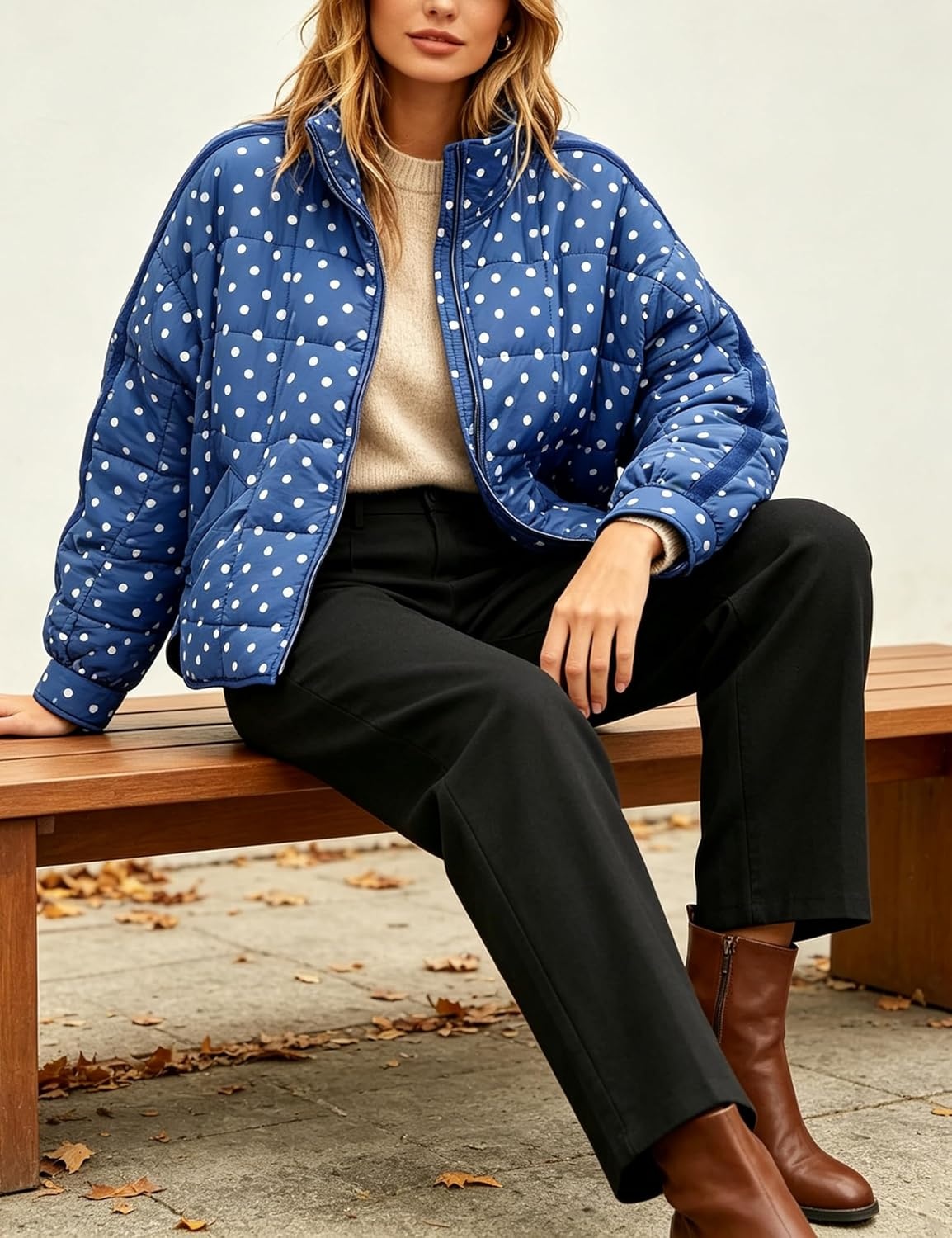 image:imageWomens Polka Dot Puffer Jacket Quilted Zip Up Winter Coat PocketsKleinblue