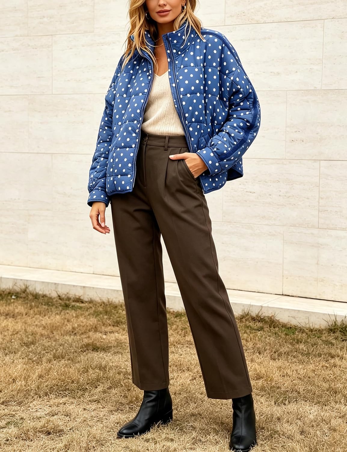 image:imageWomens Polka Dot Puffer Jacket Quilted Zip Up Winter Coat PocketsKleinblue
