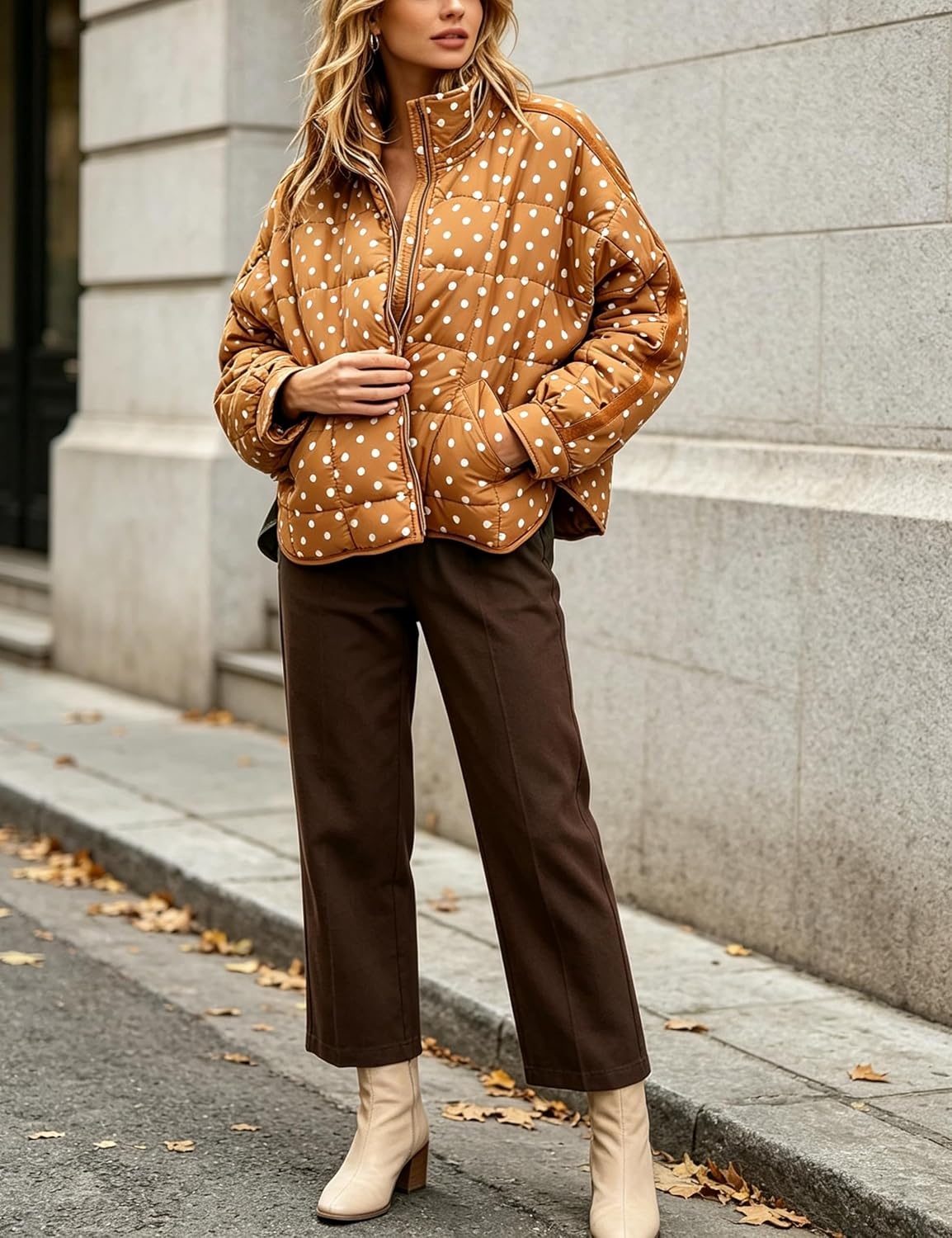 image:imageWomens Polka Dot Puffer Jacket Quilted Zip Up Winter Coat PocketsOrange
