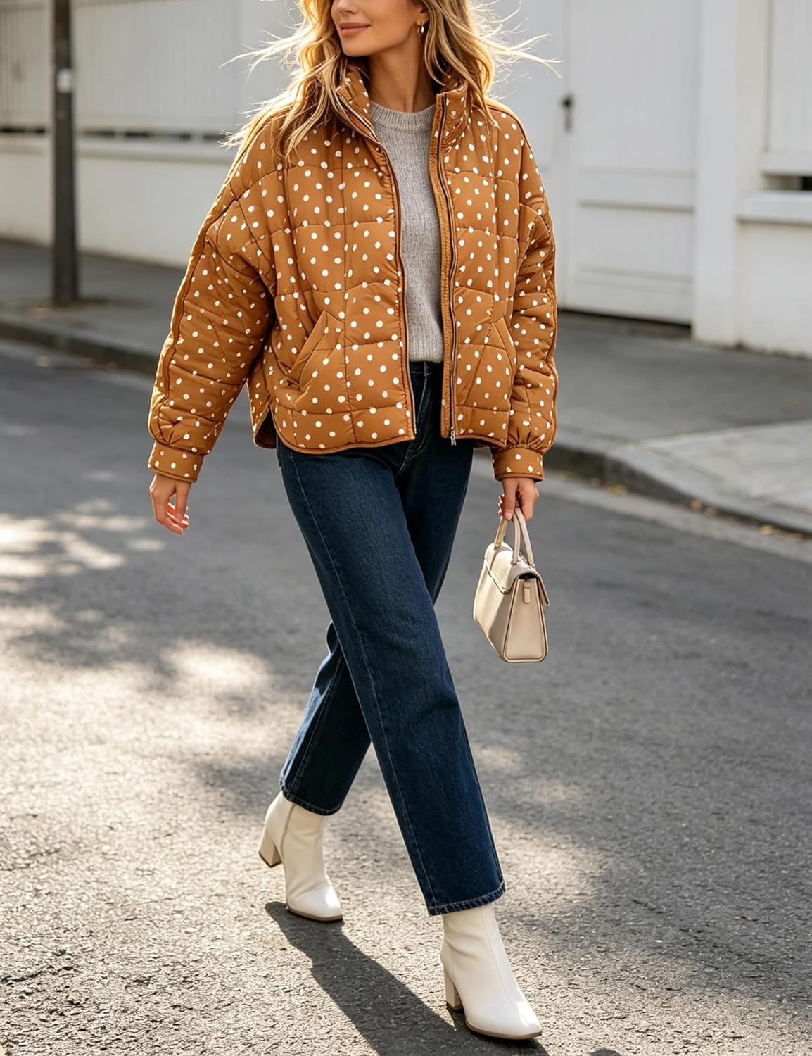 image:imageWomens Polka Dot Puffer Jacket Quilted Zip Up Winter Coat PocketsOrange