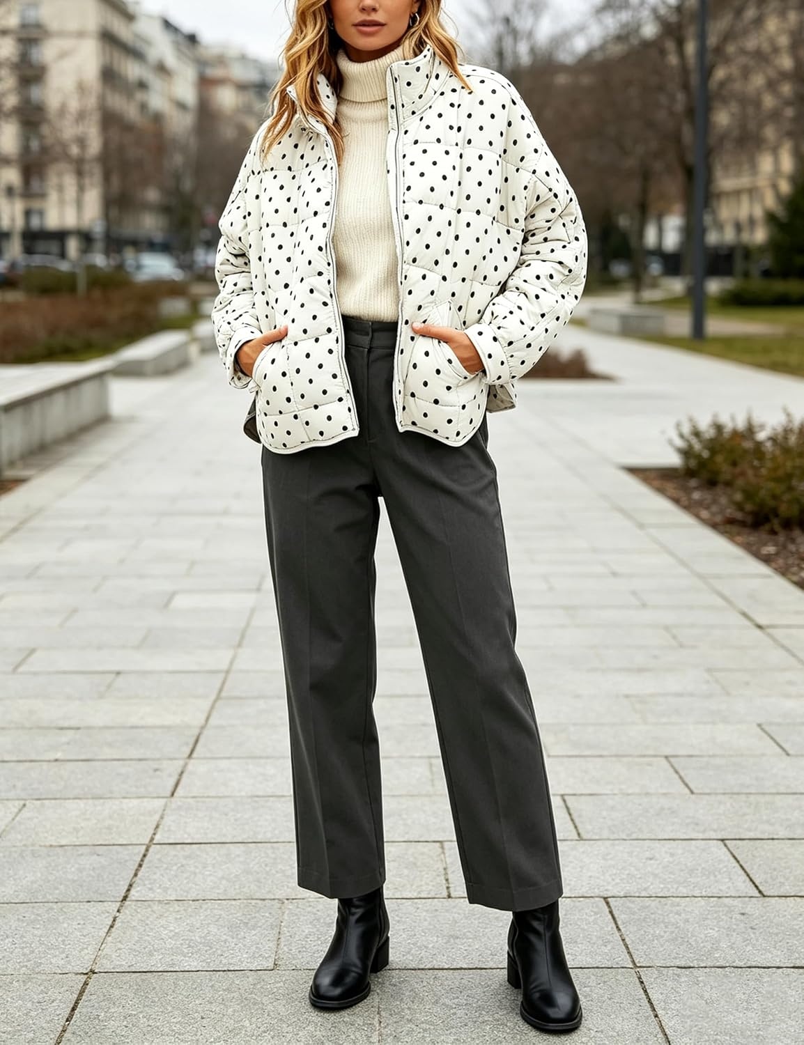 image:imageWomens Polka Dot Puffer Jacket Quilted Zip Up Winter Coat PocketsWhite