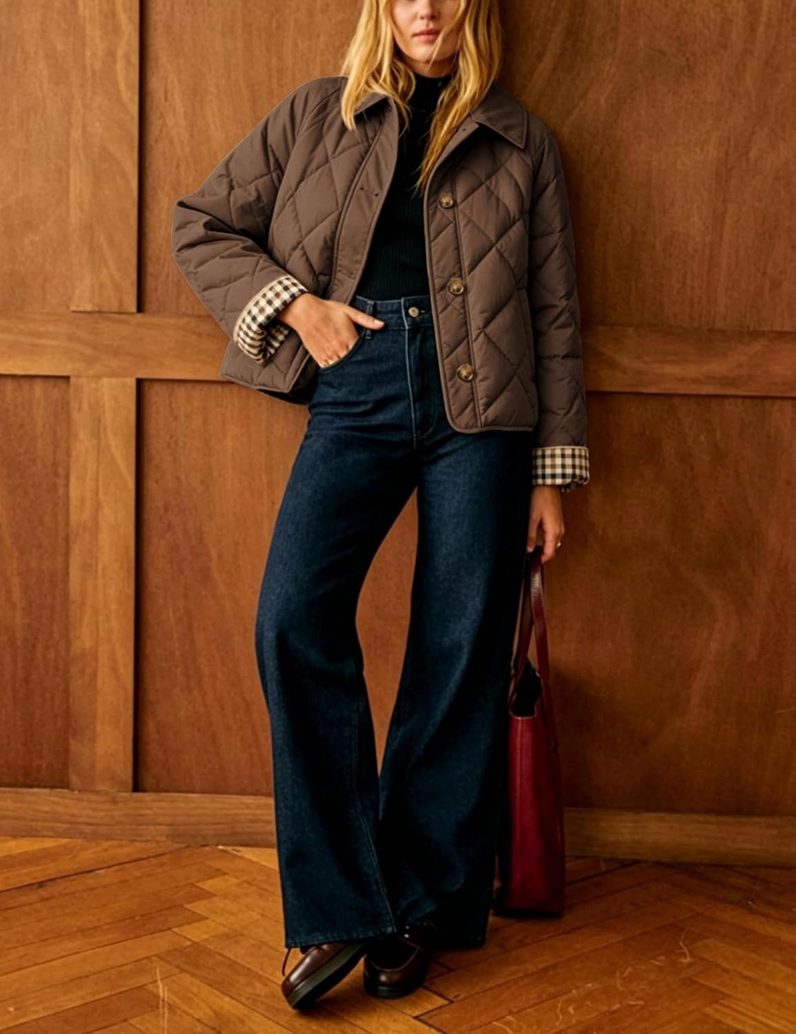 image:imageWomens Puffer Jacket Quilted Lightweight Plaid Lining Padded CoatBrown