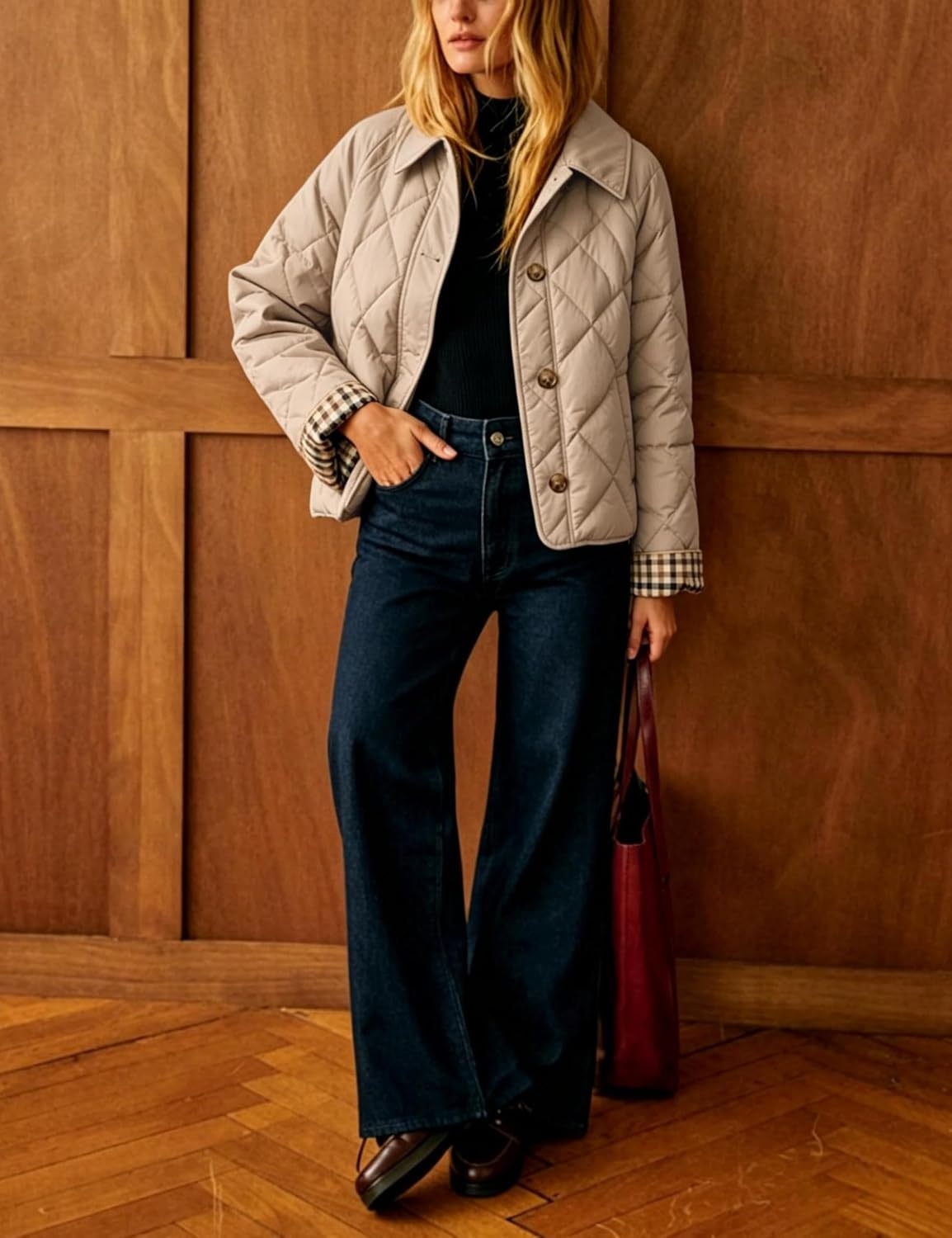 image:imageWomens Puffer Jacket Quilted Lightweight Plaid Lining Padded CoatKhaki