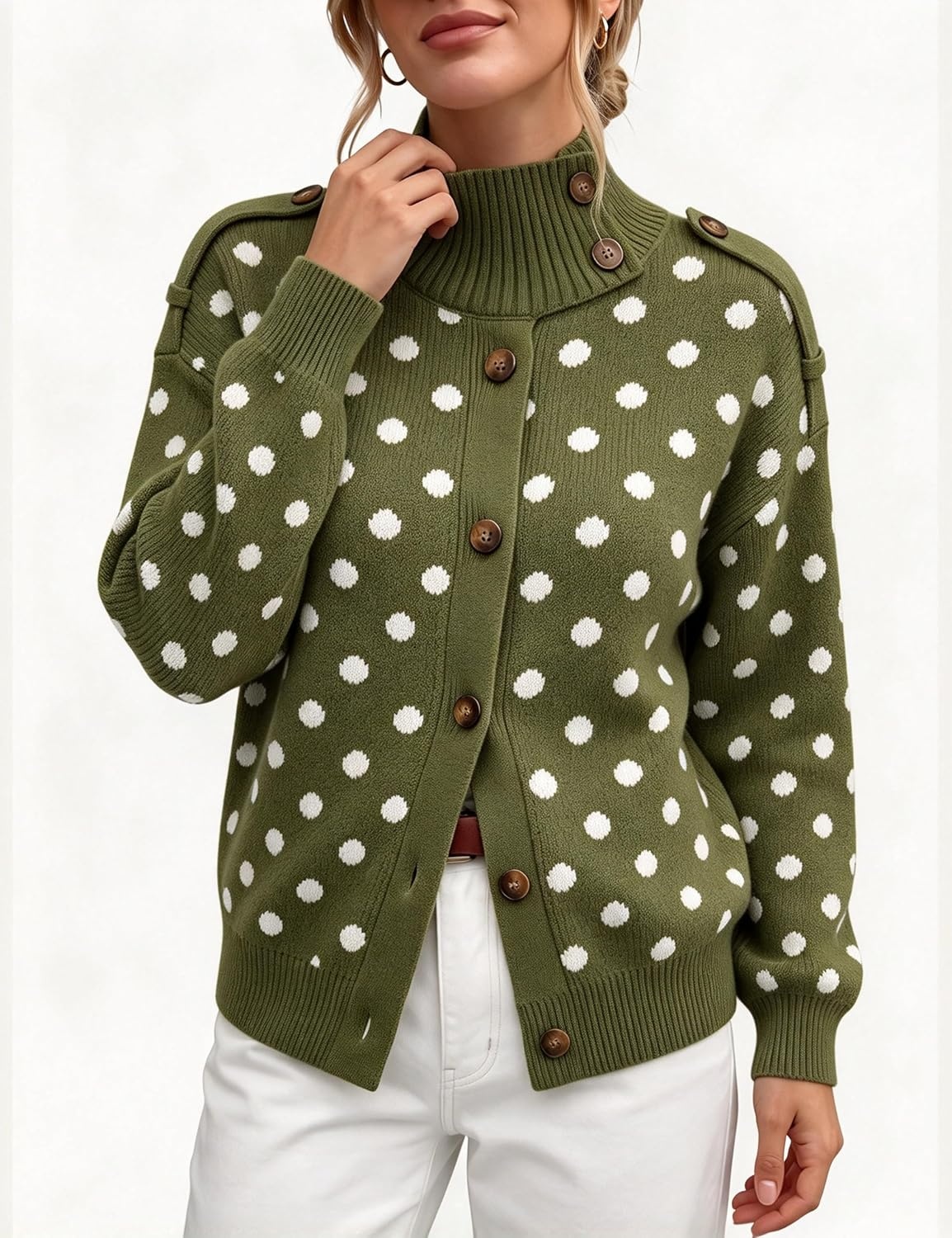 image:imageYeokou Women Polka Dot Mock Neck Knit Cardigan Button Front Sweater JacketArmygreen