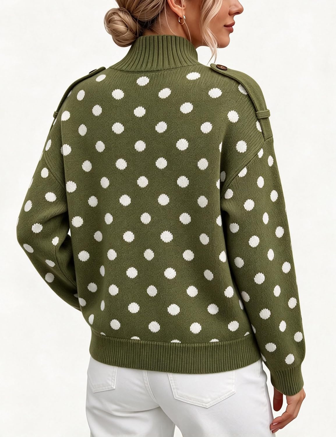 image:imageYeokou Women Polka Dot Mock Neck Knit Cardigan Button Front Sweater JacketArmygreen