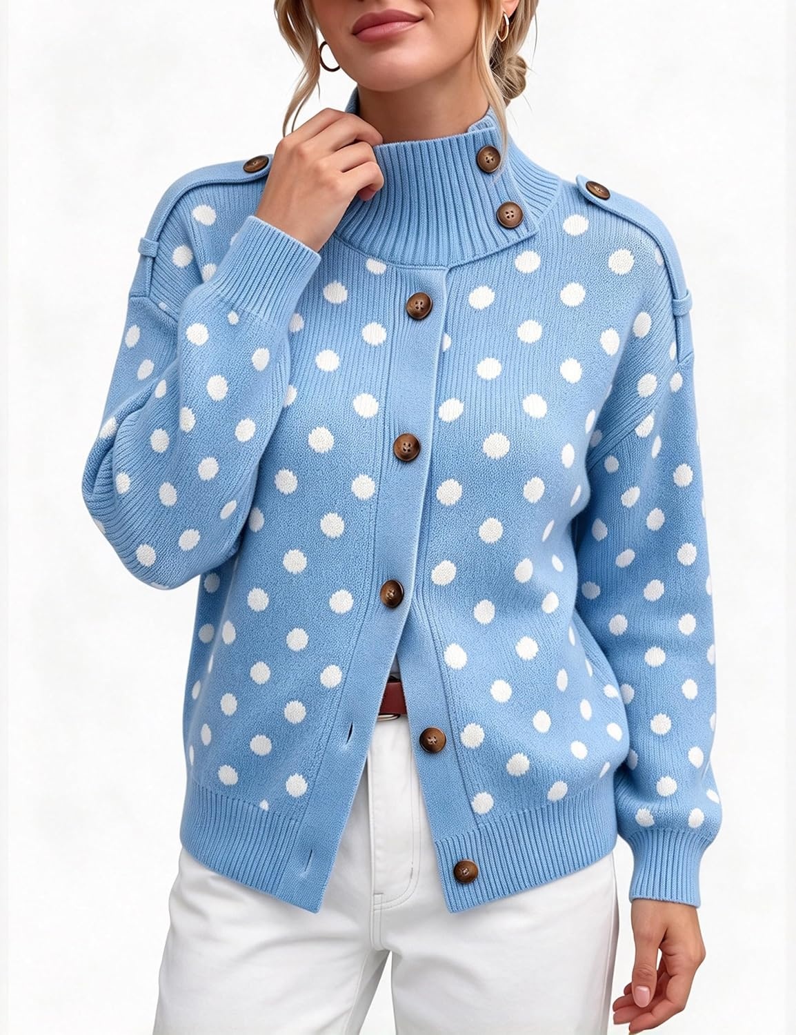 image:imageYeokou Women Polka Dot Mock Neck Knit Cardigan Button Front Sweater JacketBlue