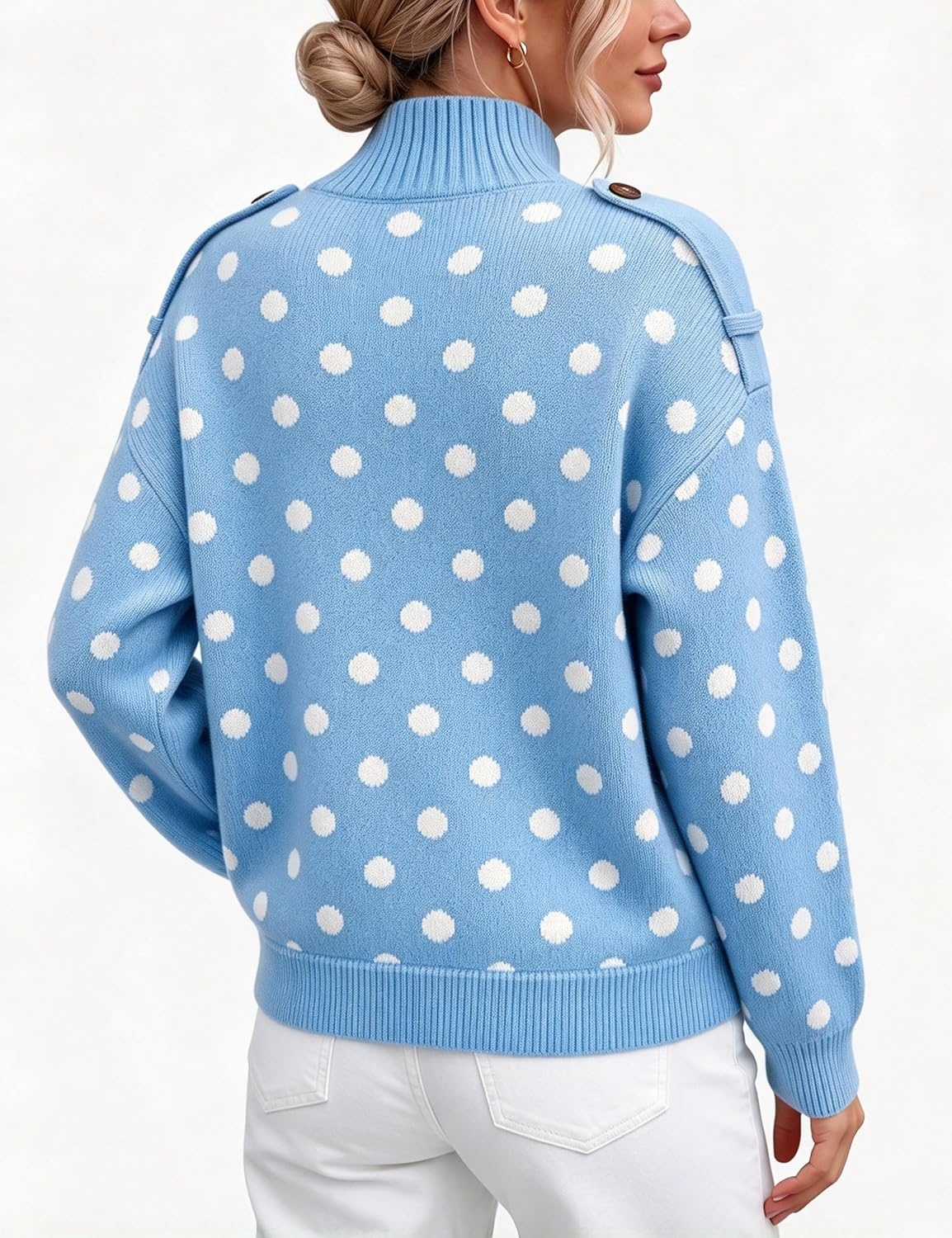image:imageYeokou Women Polka Dot Mock Neck Knit Cardigan Button Front Sweater JacketBlue
