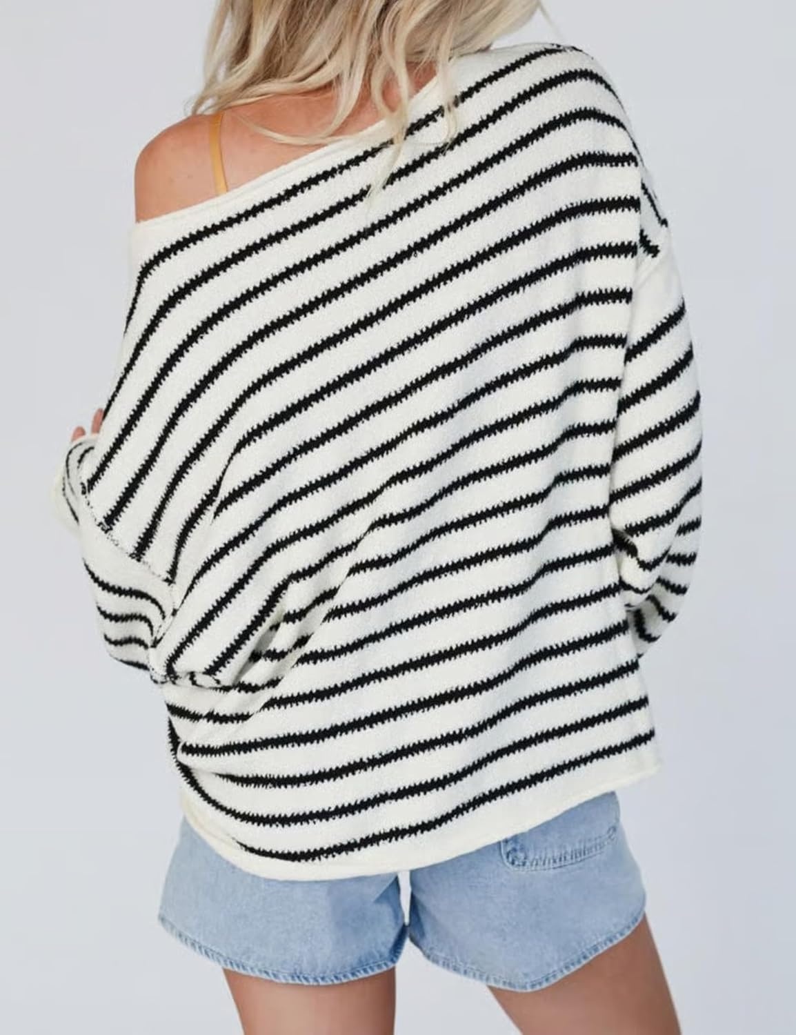 image:imageYeokou Women Striped Off Shoulder Sweater Oversized PulloverBlack