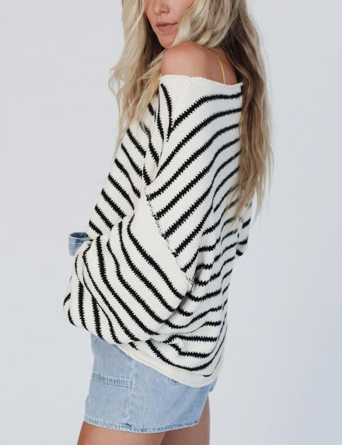 image:imageYeokou Women Striped Off Shoulder Sweater Oversized PulloverBlack