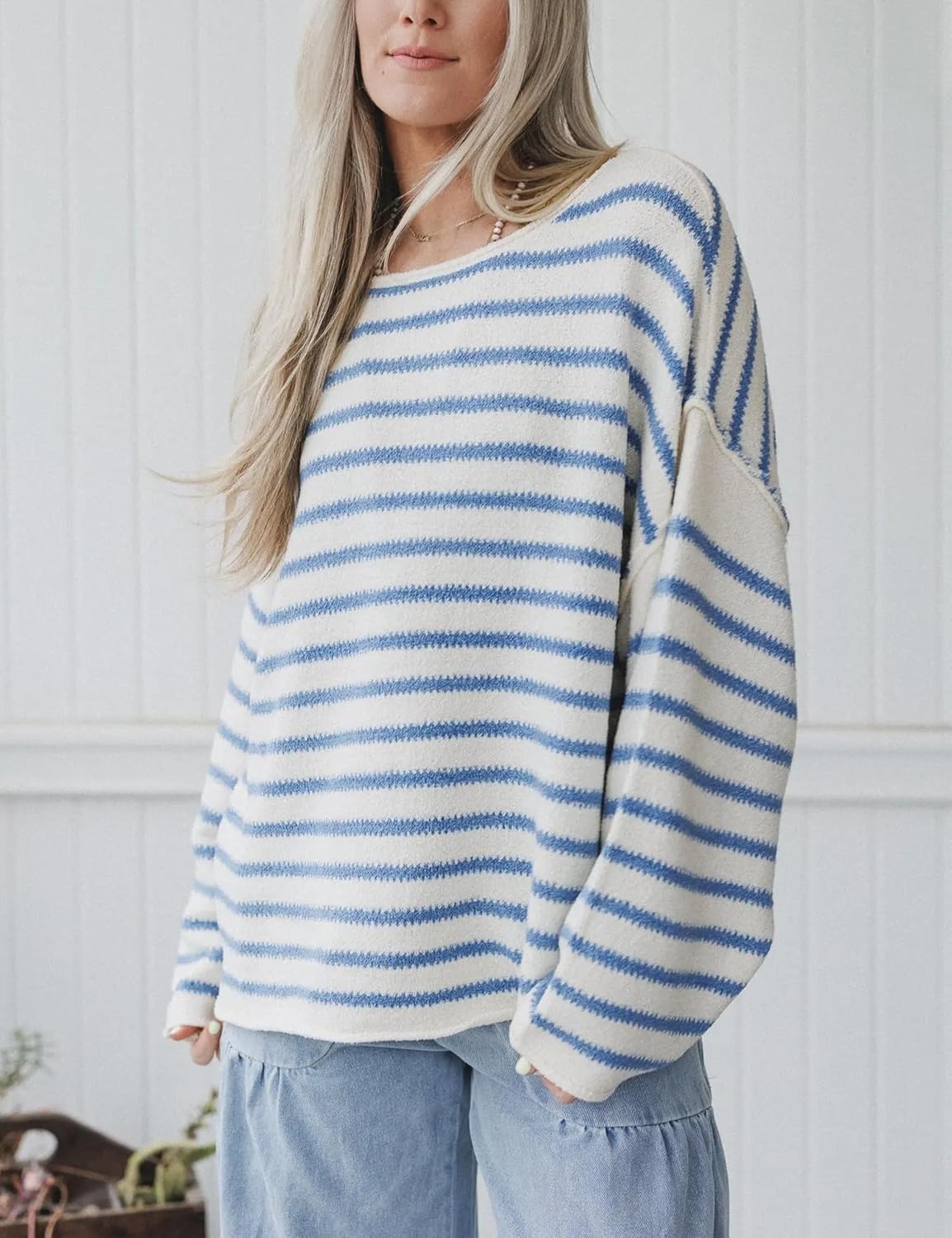 image:imageYeokou Women Striped Off Shoulder Sweater Oversized PulloverBlue