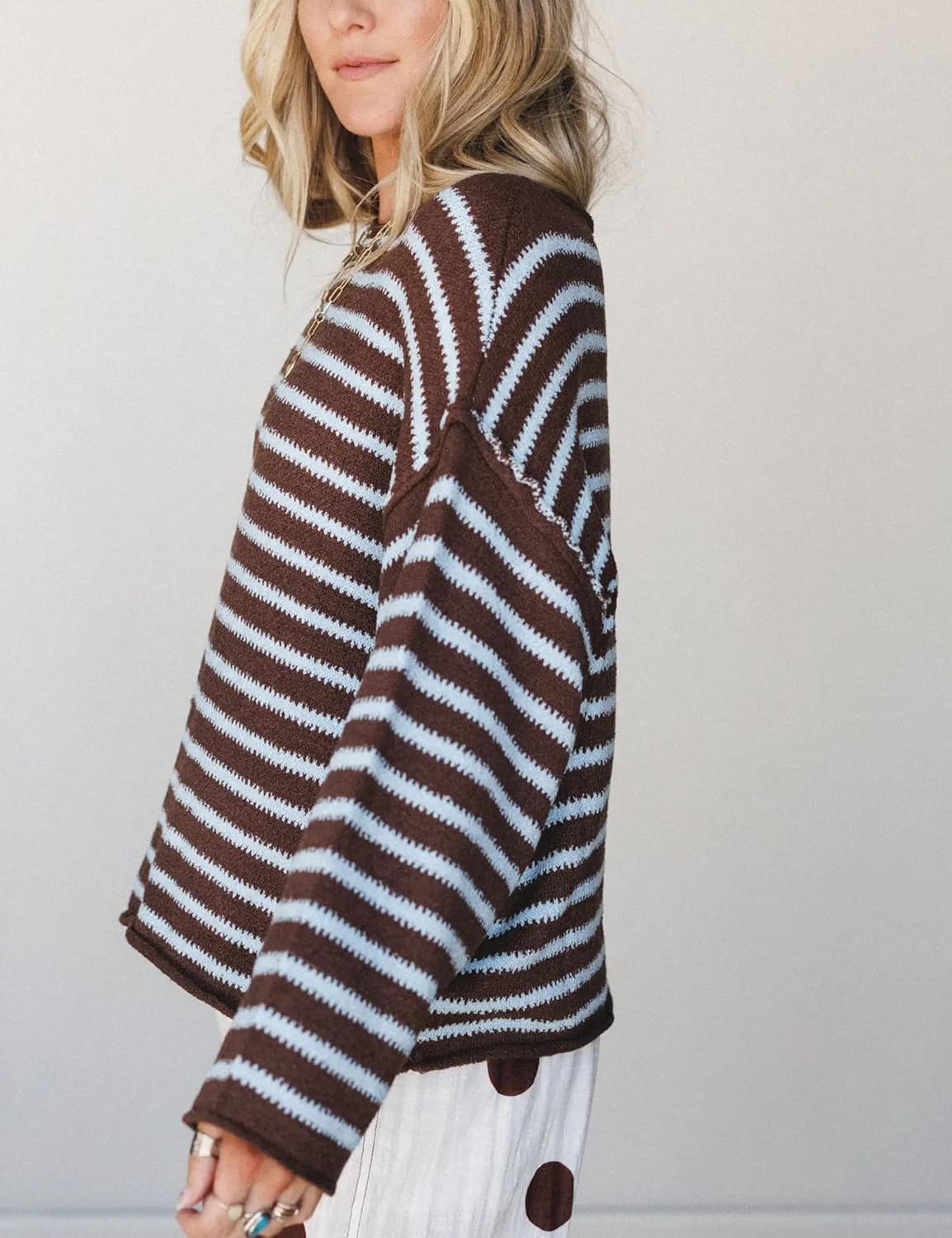 image:imageYeokou Women Striped Off Shoulder Sweater Oversized PulloverCoffee