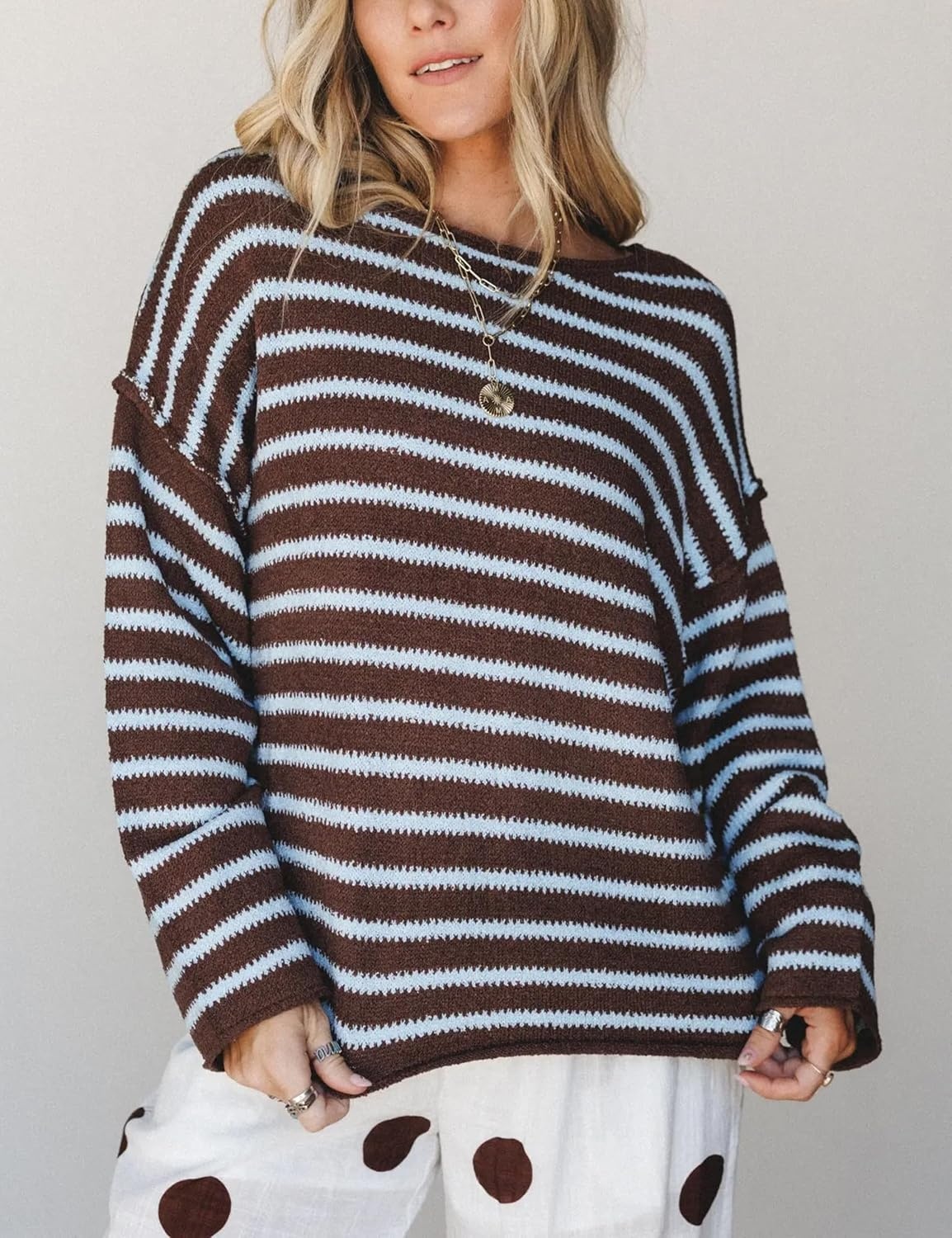 image:imageYeokou Women Striped Off Shoulder Sweater Oversized PulloverCoffee