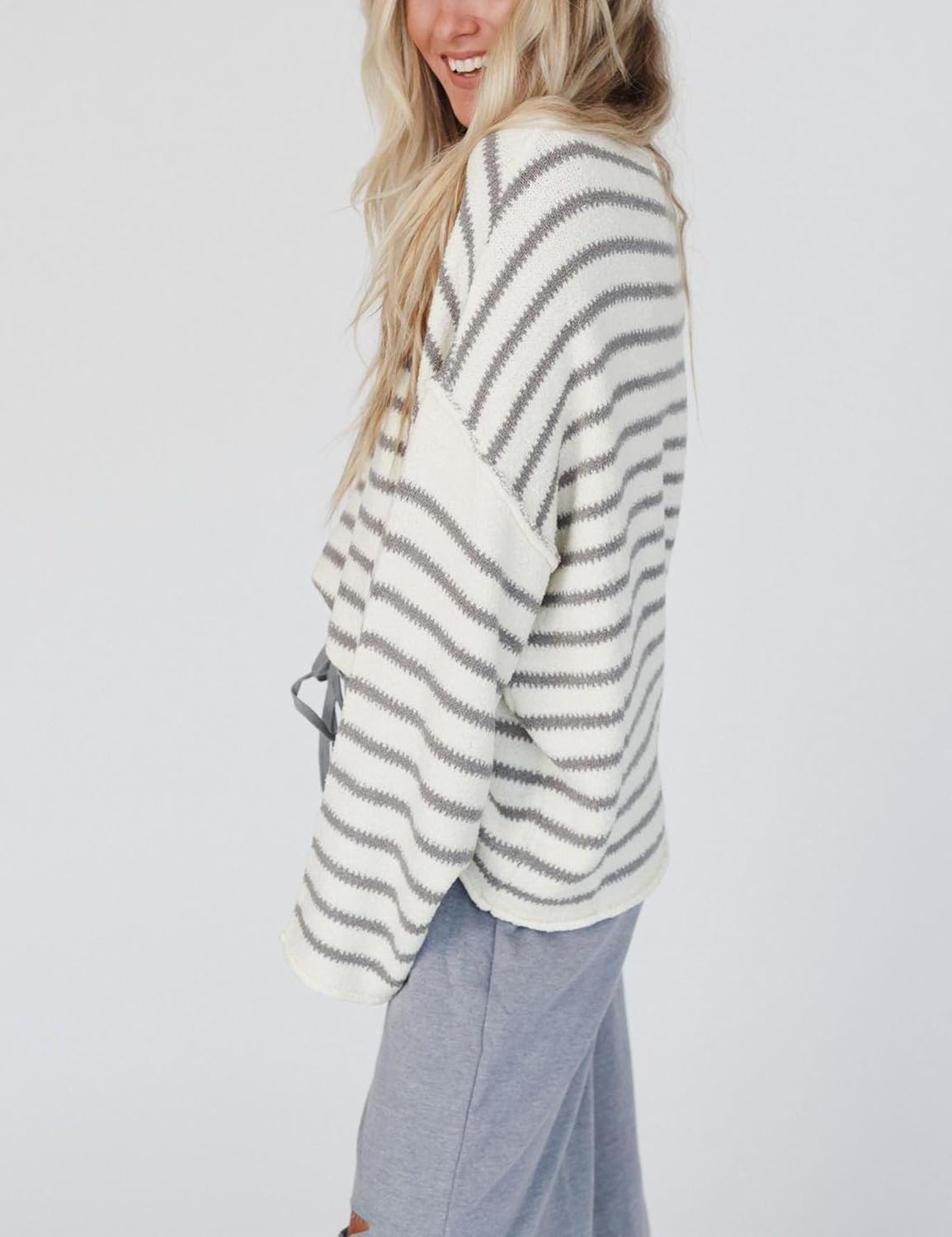 image:imageYeokou Women Striped Off Shoulder Sweater Oversized PulloverGray