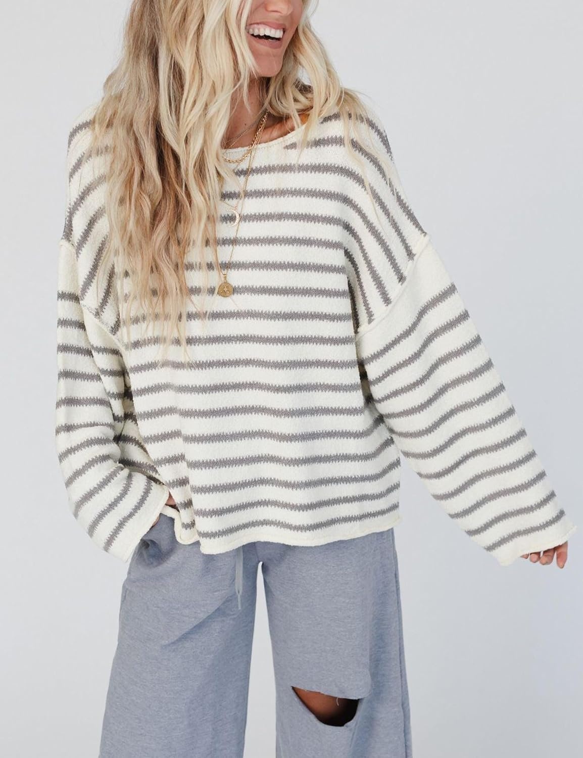 image:imageYeokou Women Striped Off Shoulder Sweater Oversized PulloverGray