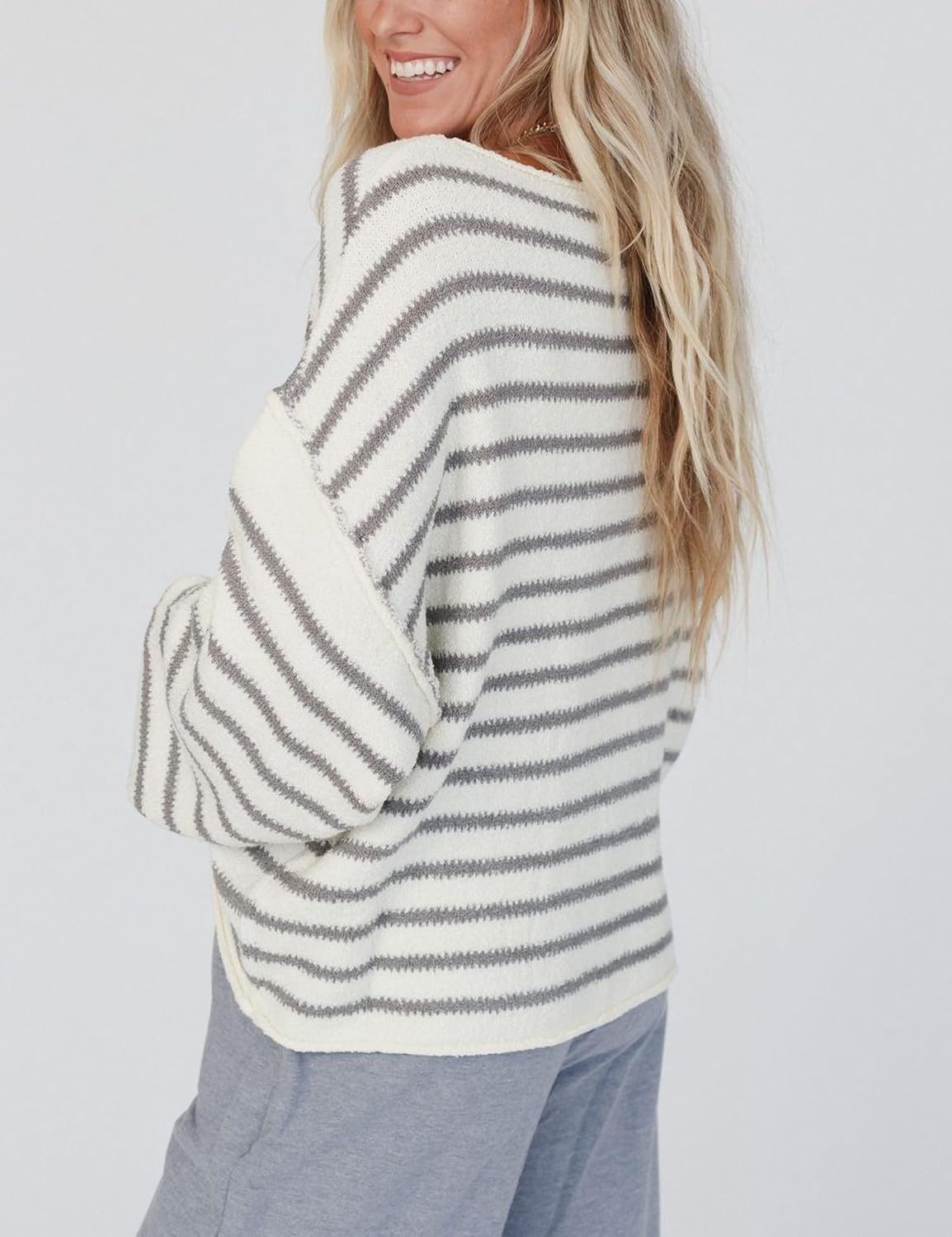 image:imageYeokou Women Striped Off Shoulder Sweater Oversized PulloverGray