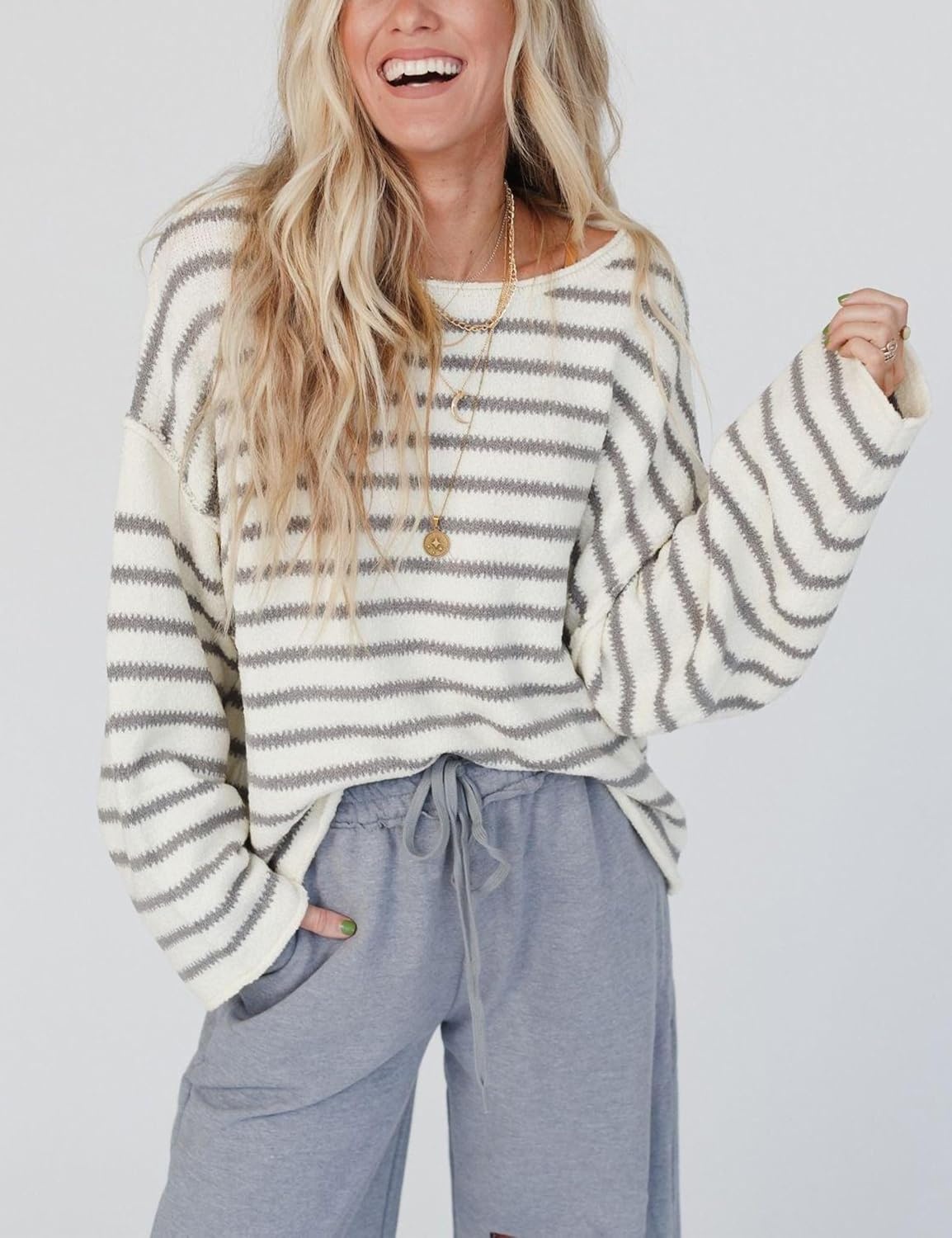 image:imageYeokou Women Striped Off Shoulder Sweater Oversized PulloverGray
