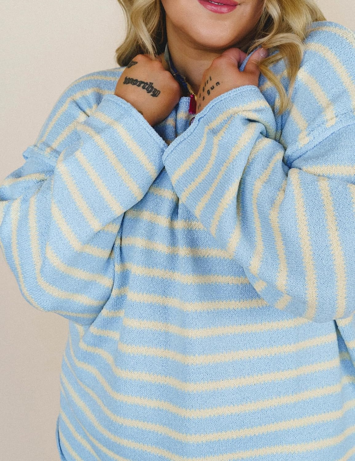 image:imageYeokou Women Striped Off Shoulder Sweater Oversized PulloverLightblue