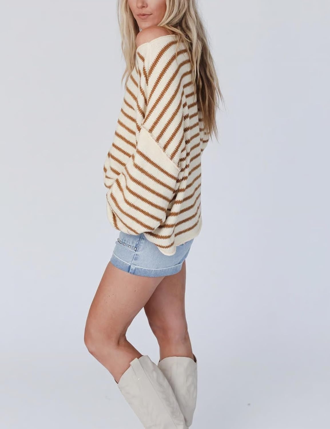 image:imageYeokou Women Striped Off Shoulder Sweater Oversized PulloverMustard