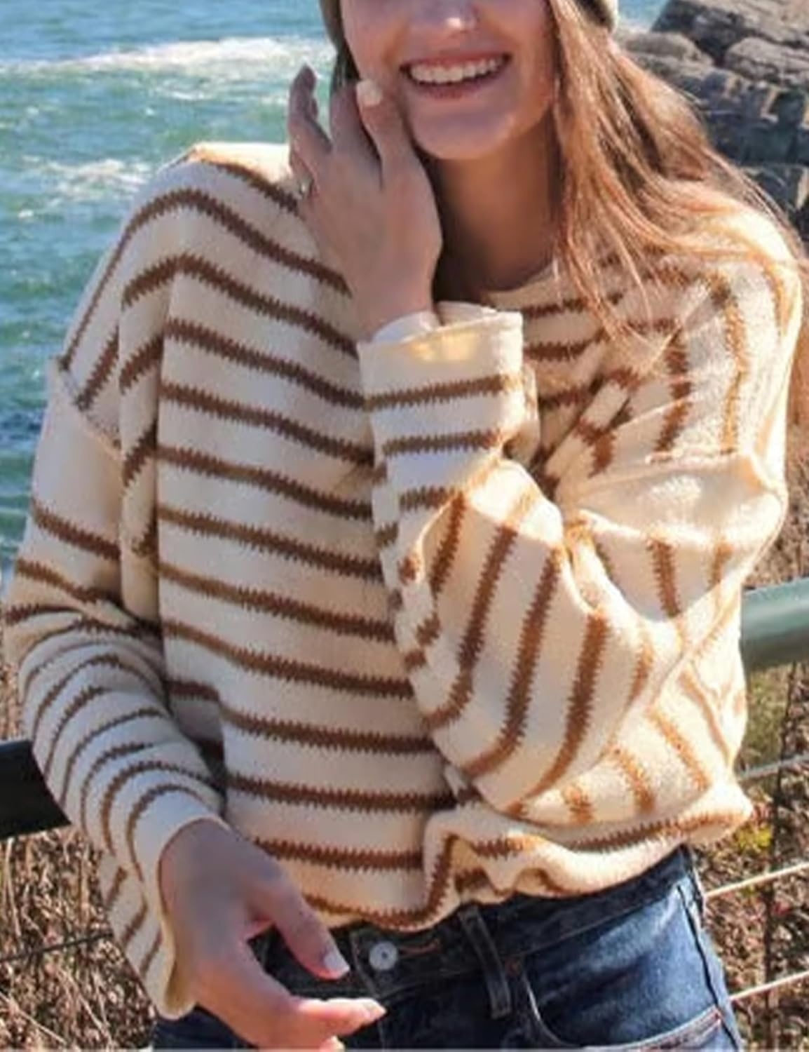 image:imageYeokou Women Striped Off Shoulder Sweater Oversized PulloverMustard