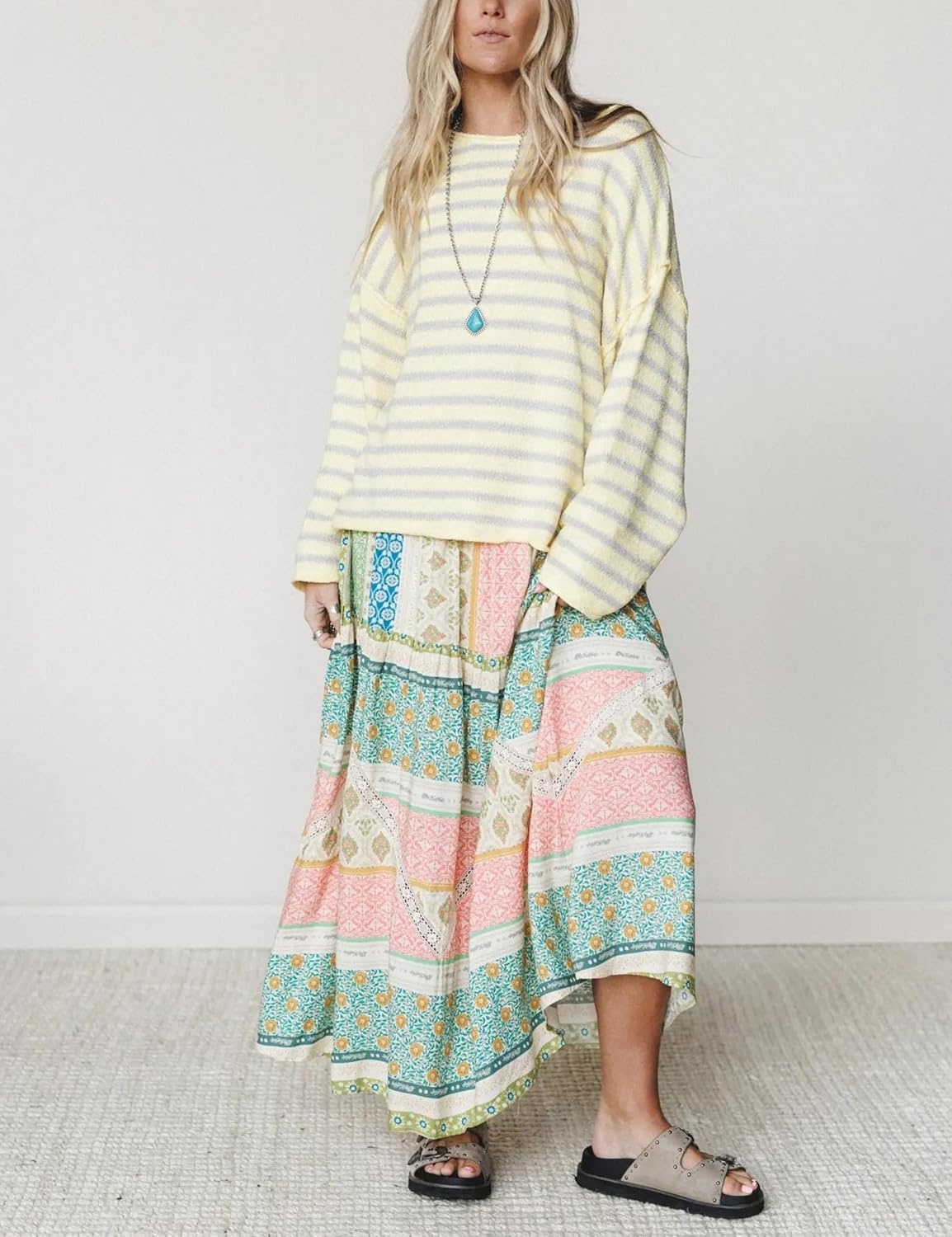 image:imageYeokou Women Striped Off Shoulder Sweater Oversized PulloverYellow