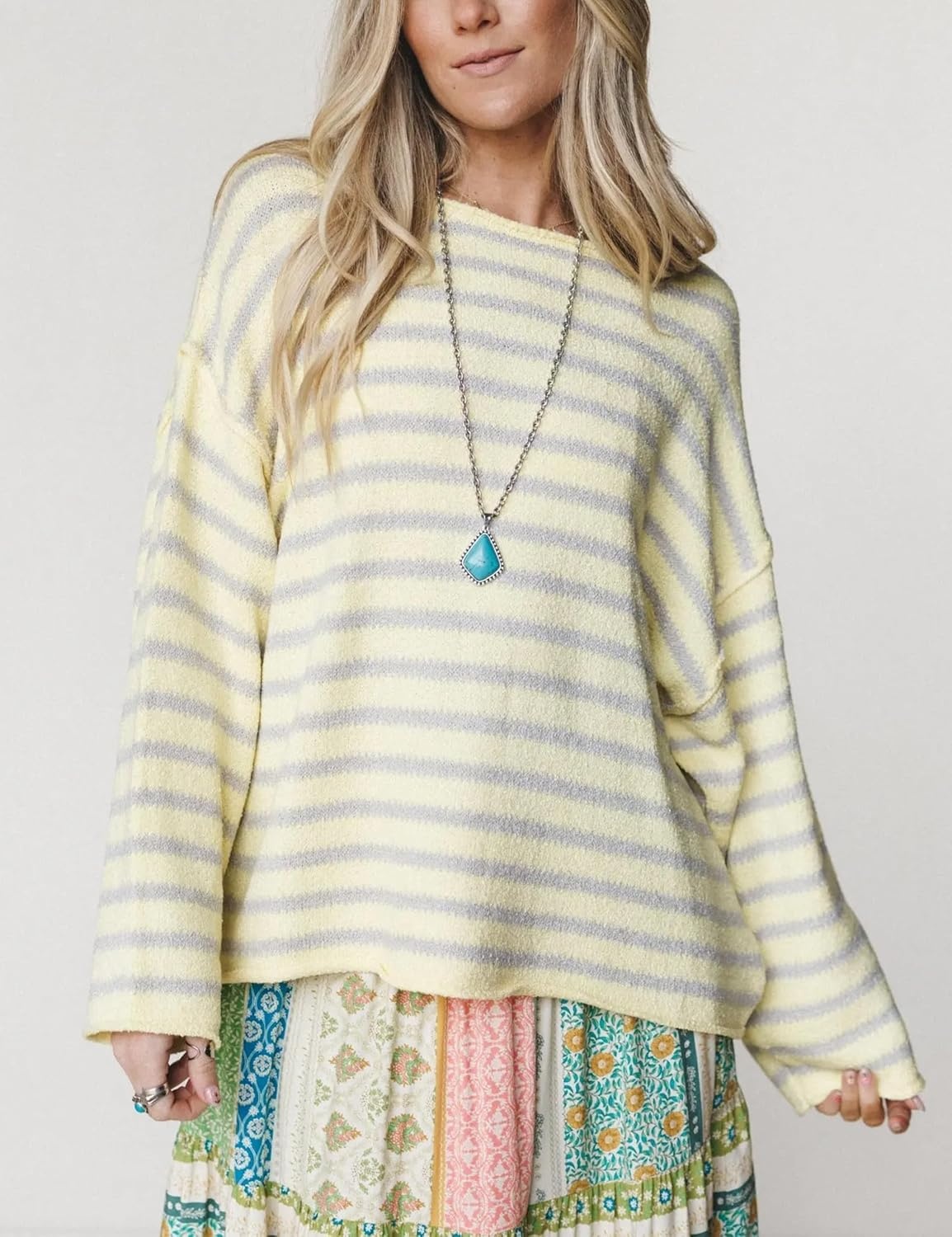 image:imageYeokou Women Striped Off Shoulder Sweater Oversized PulloverYellow