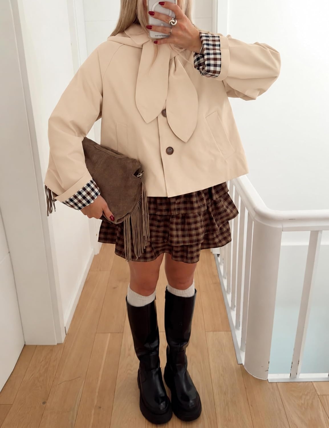 image:imageYeokou Women Trench Coat Detachable Hood Bow Tie JacketApricot