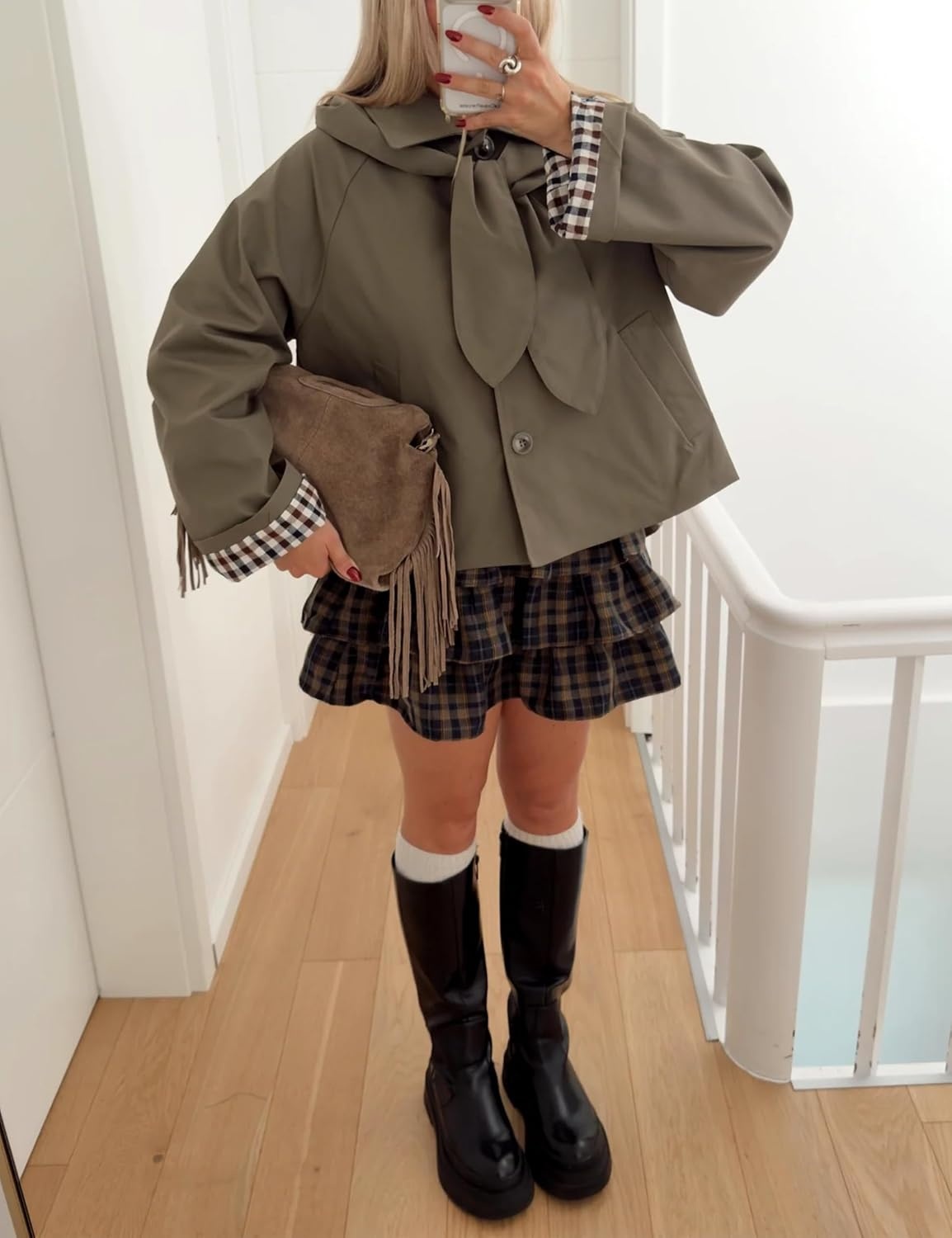 image:imageYeokou Women Trench Coat Detachable Hood Bow Tie JacketDustygreen