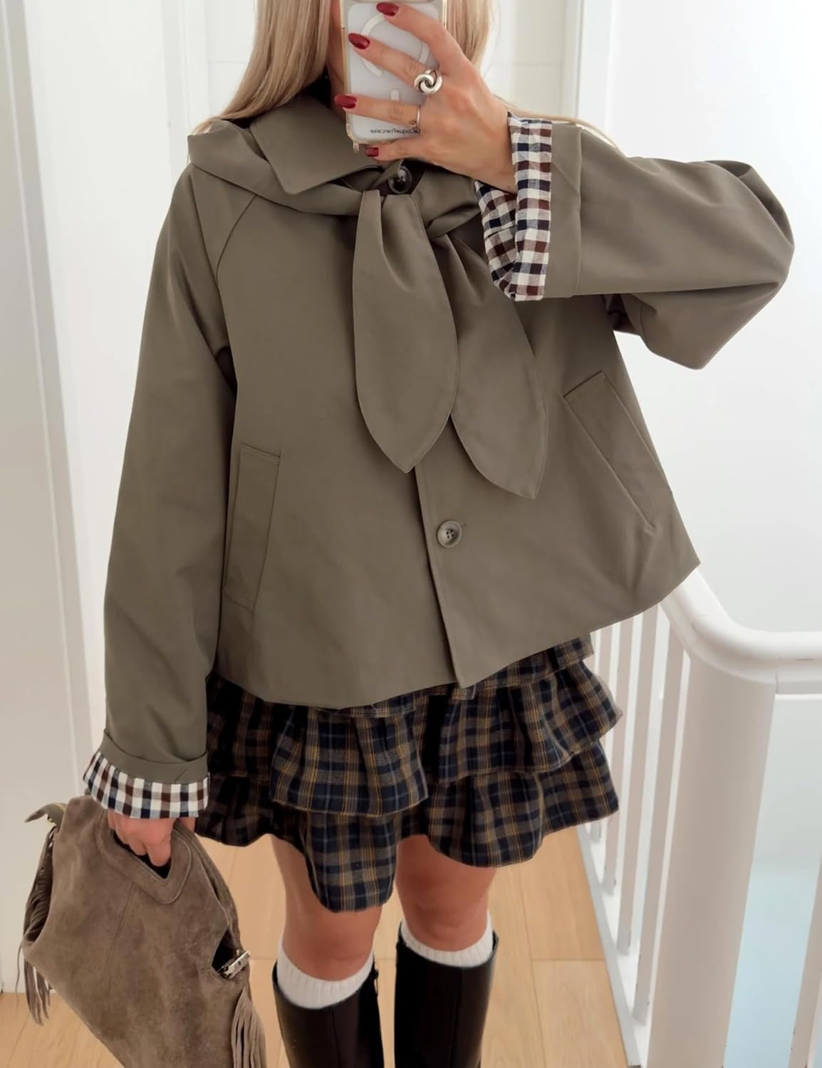image:imageYeokou Women Trench Coat Detachable Hood Bow Tie JacketDustygreen