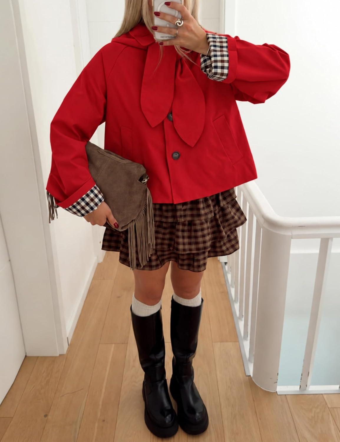image:imageYeokou Women Trench Coat Detachable Hood Bow Tie JacketRed