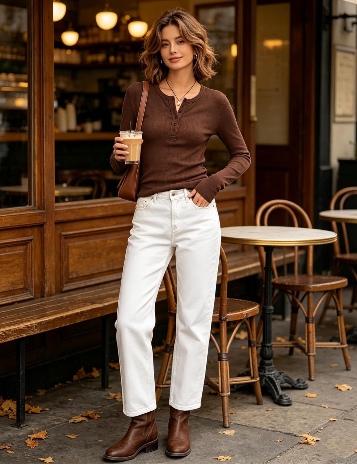 image:imageYeokou Womens Ribbed Henley Shirt Slim Fit Long Sleeve Casual TopCoffee