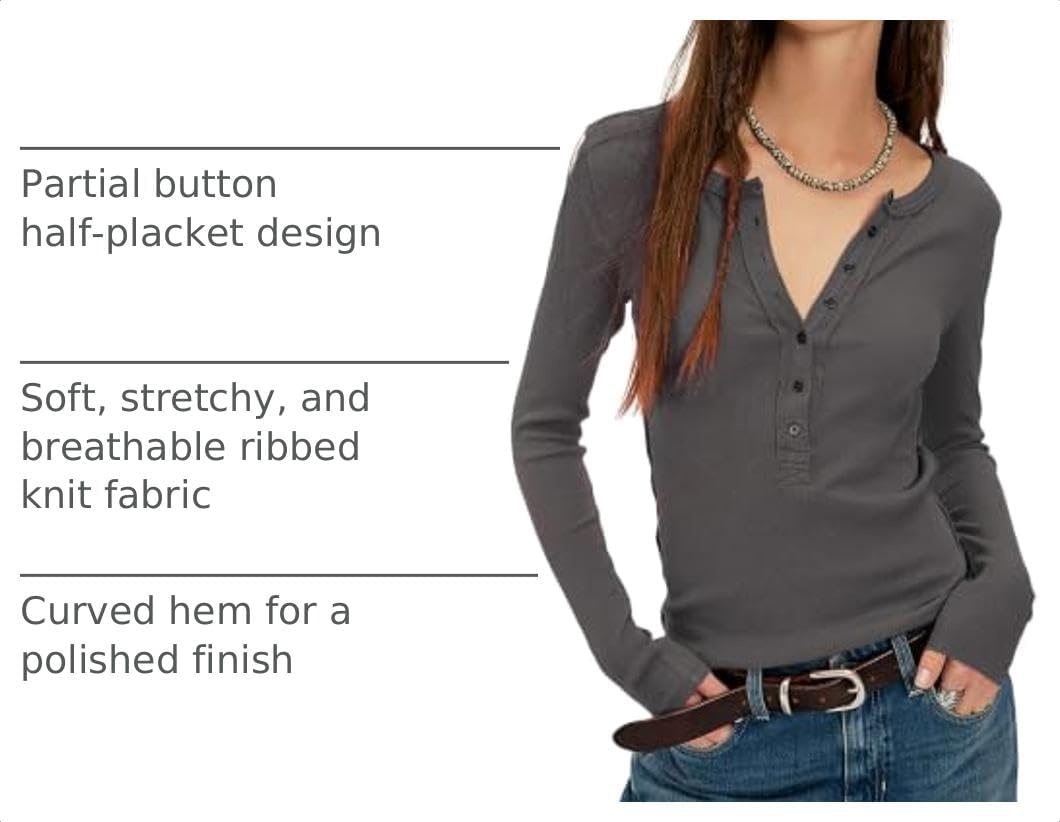 image:imageYeokou Womens Ribbed Henley Shirt Slim Fit Long Sleeve Casual TopDarkgray