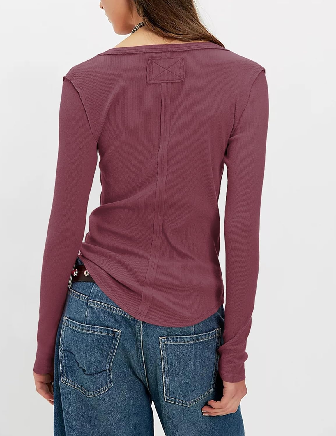 image:imageYeokou Womens Ribbed Henley Shirt Slim Fit Long Sleeve Casual TopDarkred