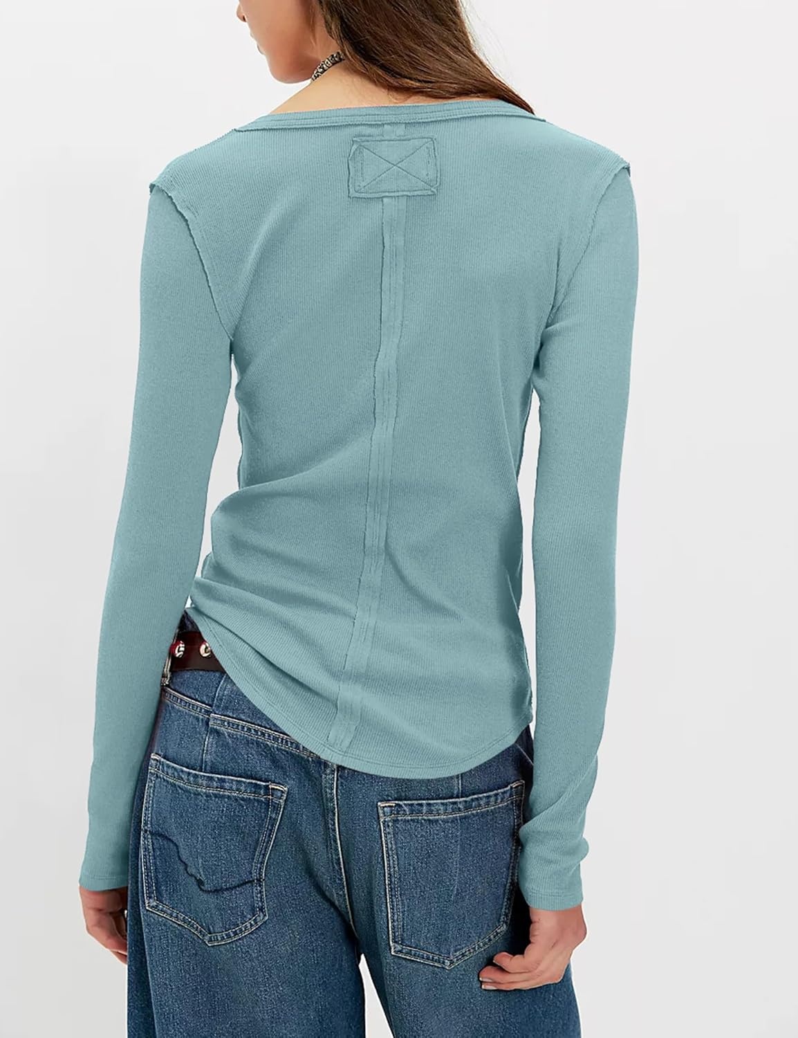 image:imageYeokou Womens Ribbed Henley Shirt Slim Fit Long Sleeve Casual TopTeal