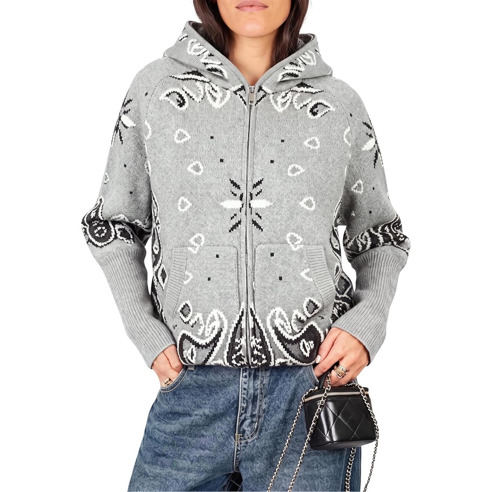 image:imageWomen Bandana Paisley Knit Hooded Jacket Trendy Full Zip SweaterGrey