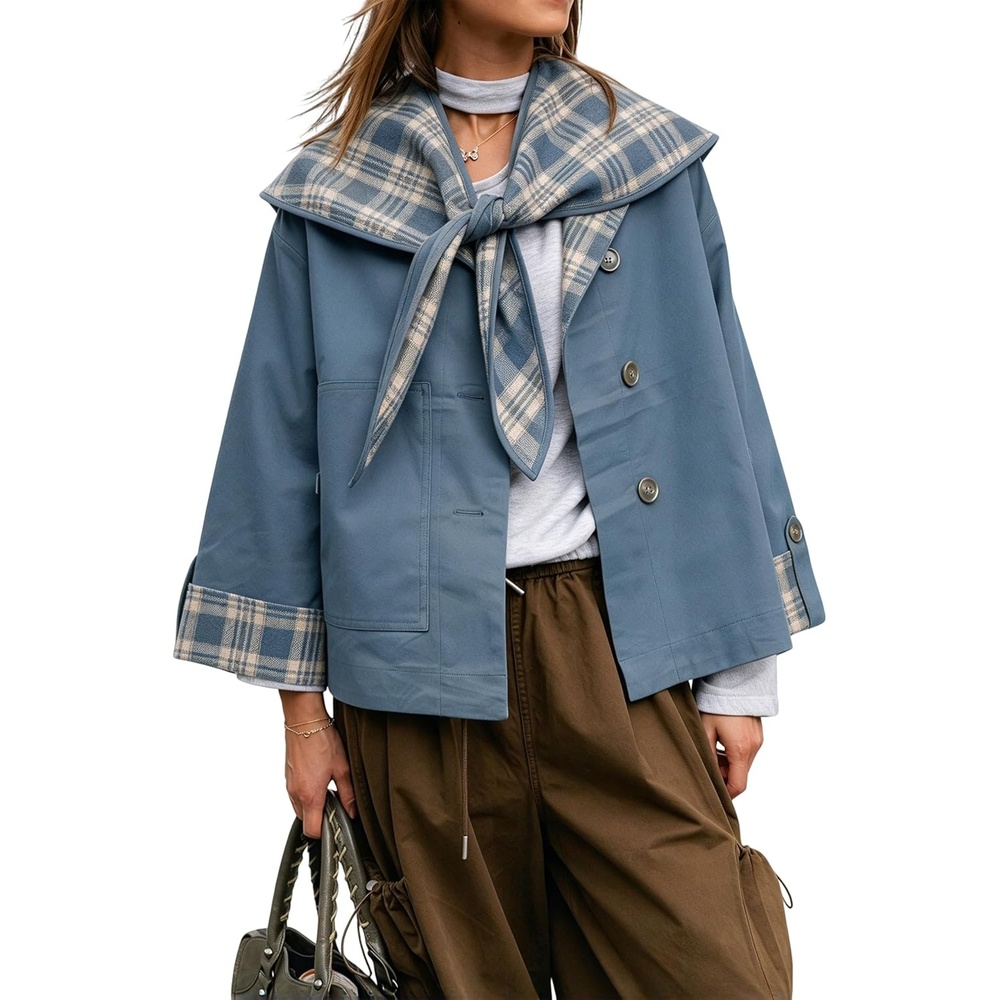 image:imageWomen Cropped Trench Coat Fall Jacket Detachable Plaid Shawl CollarDustyblue