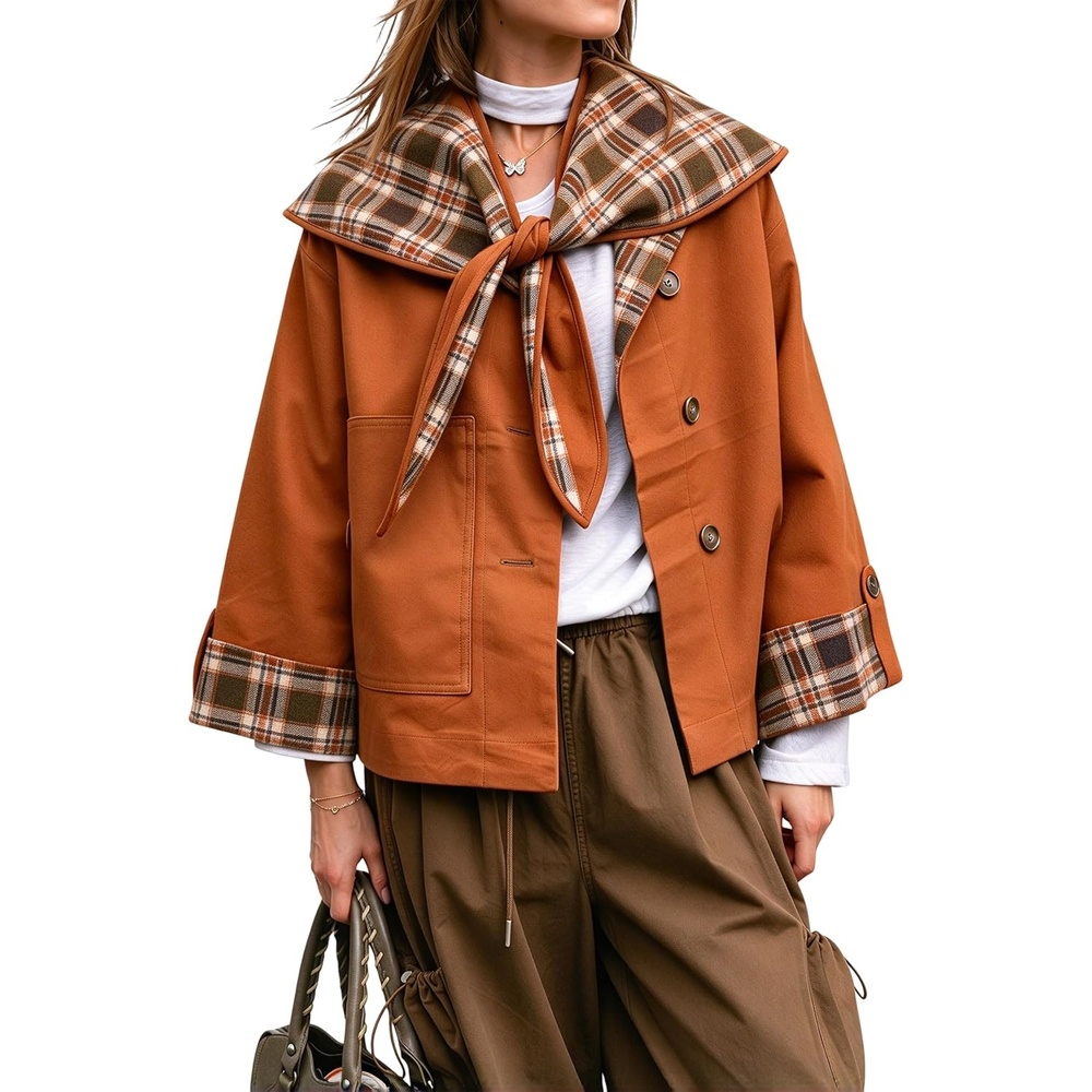 image:imageWomen Cropped Trench Coat Fall Jacket Detachable Plaid Shawl CollarOrange