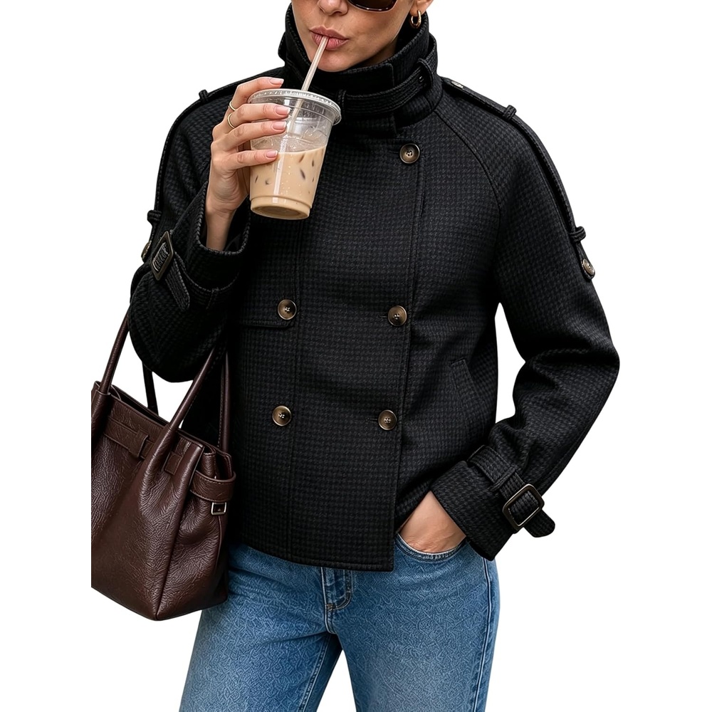 image:imageWomen Houndstooth Jacket Double Breasted Stand Collar CoatBlack