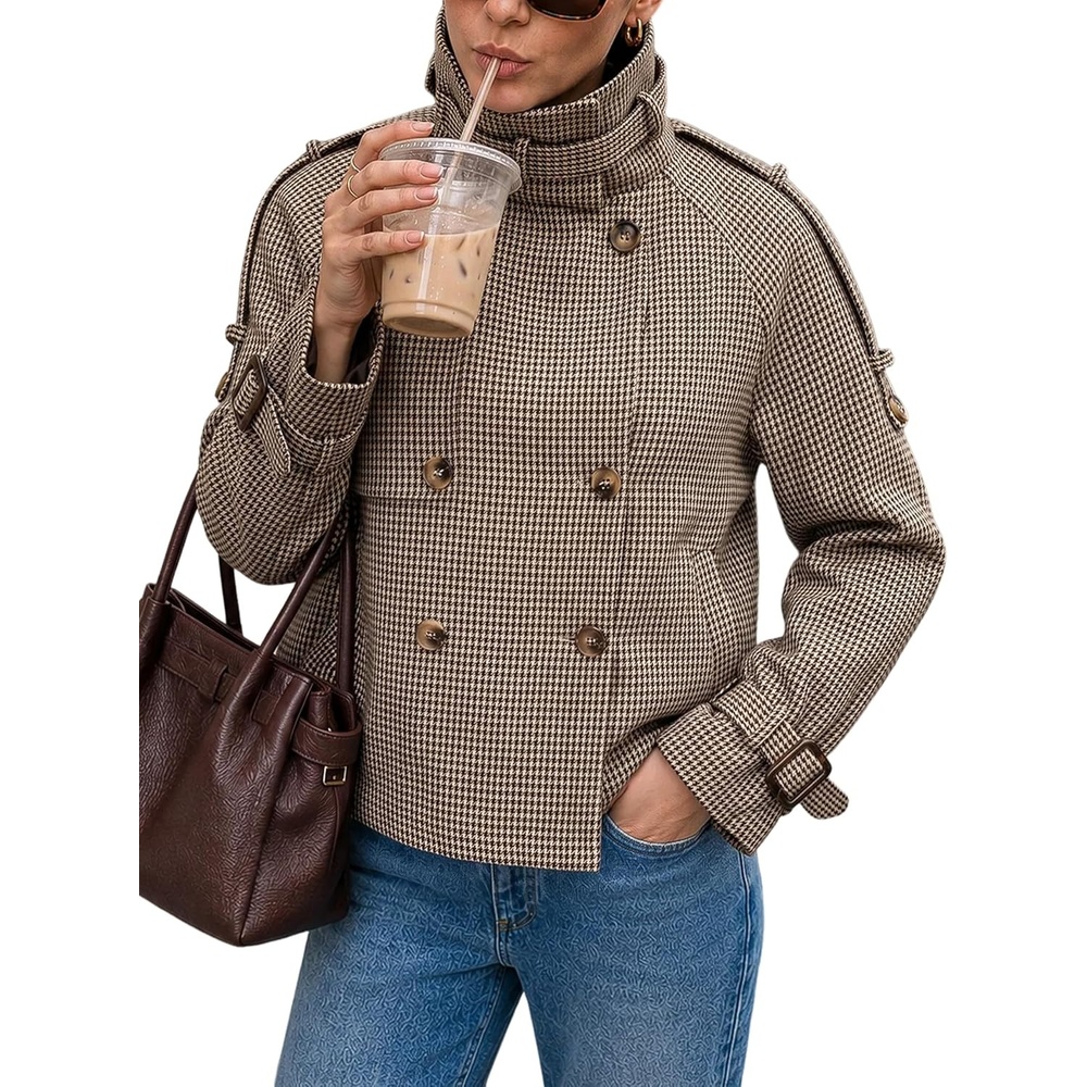 image:imageWomen Houndstooth Jacket Double Breasted Stand Collar CoatBrown