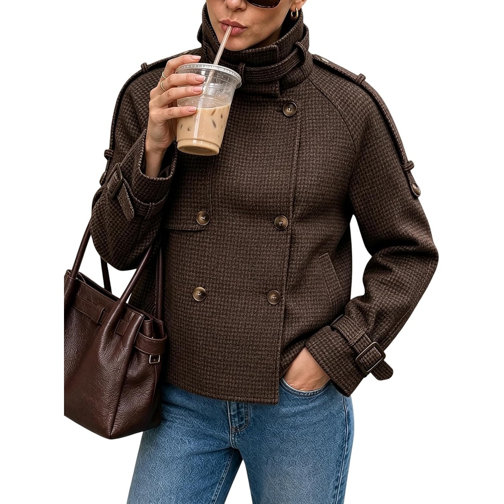 image:imageWomen Houndstooth Jacket Double Breasted Stand Collar CoatCoffee
