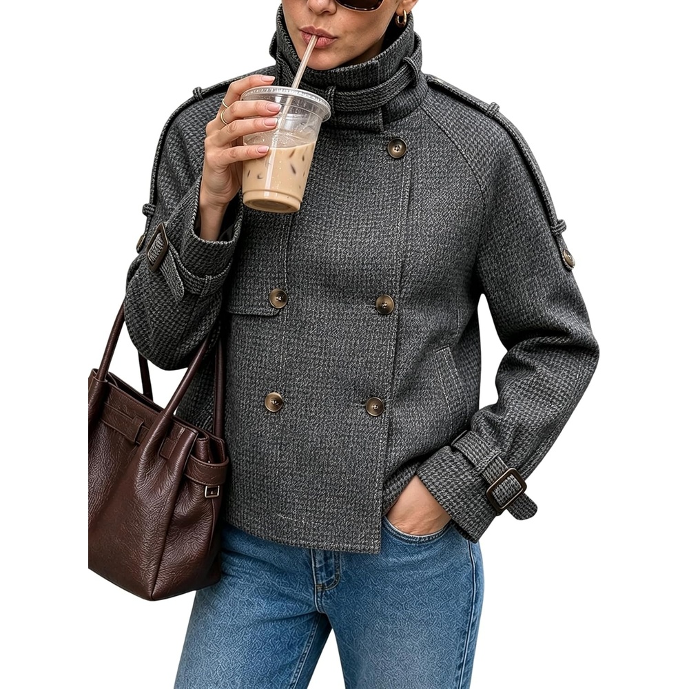 image:imageWomen Houndstooth Jacket Double Breasted Stand Collar CoatGray