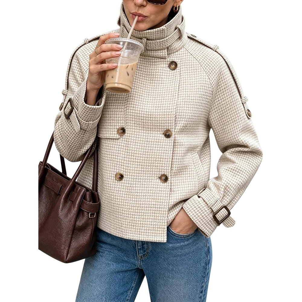 image:imageWomen Houndstooth Jacket Double Breasted Stand Collar CoatKhaki