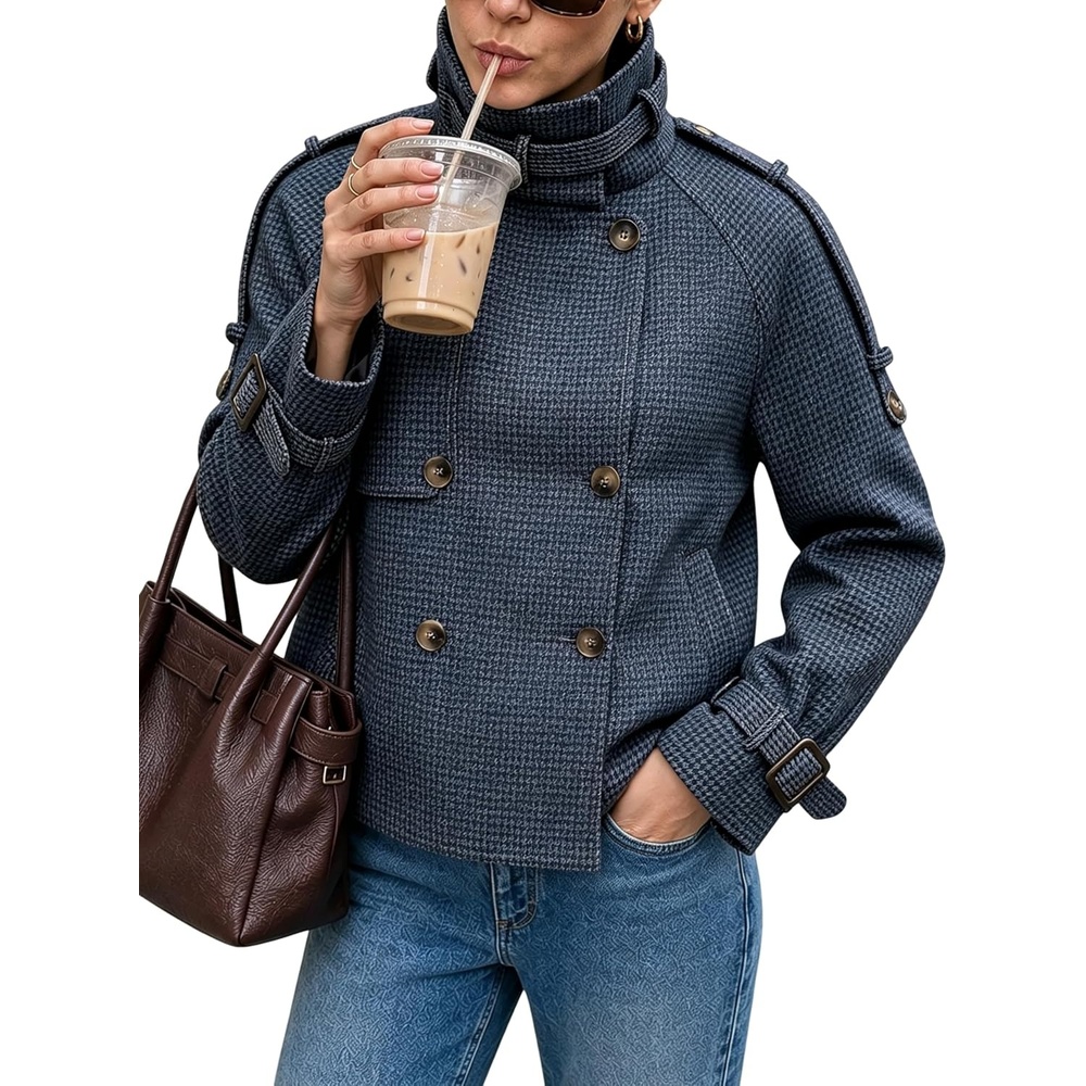 image:imageWomen Houndstooth Jacket Double Breasted Stand Collar CoatNavy
