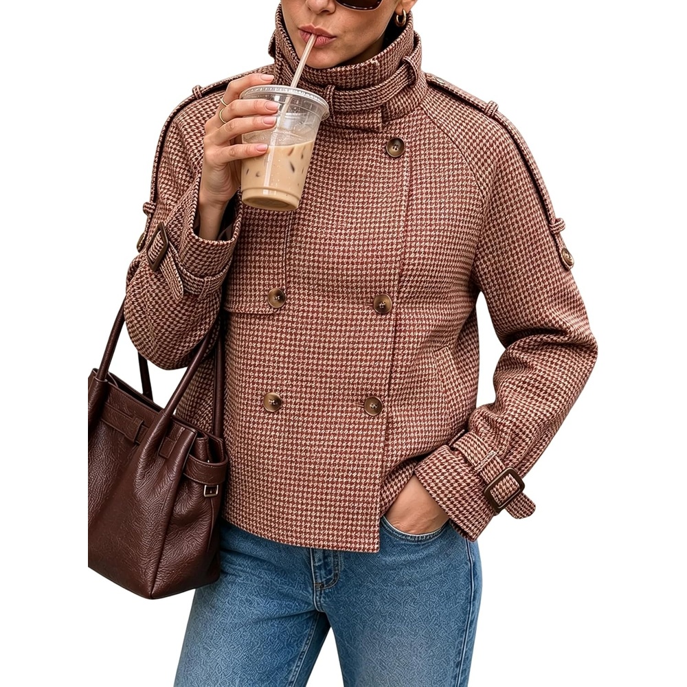 image:imageWomen Houndstooth Jacket Double Breasted Stand Collar CoatRust