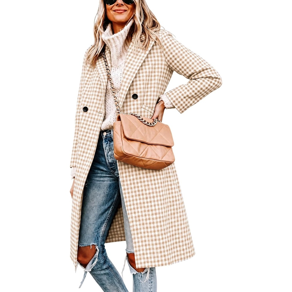 image:imageWomen Oversize Long Trench Coat Plaid Lining Lapel Button Down JacketKhakiplaid