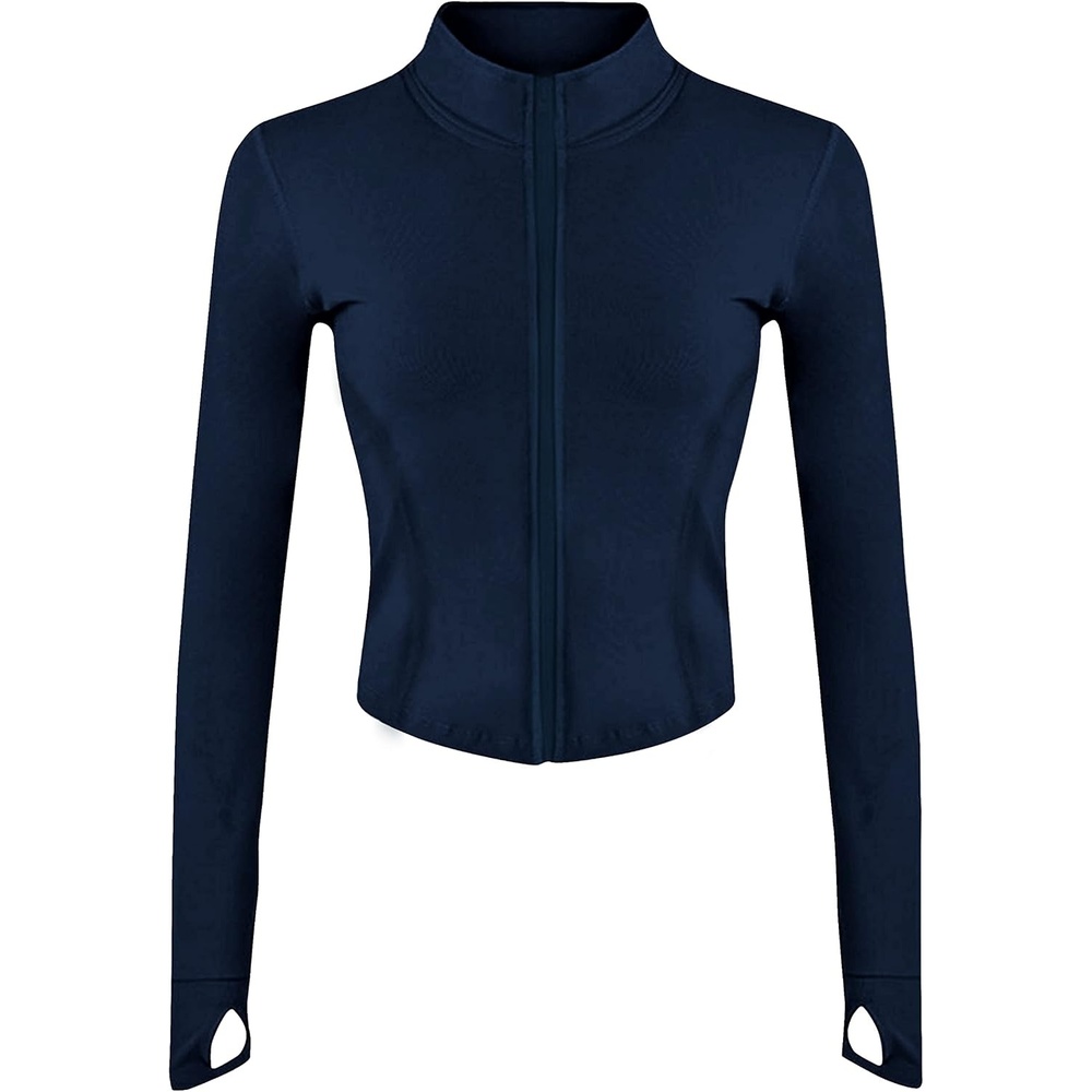 image:imageWomens Active Zip Up Running Workout Cropped Bbl Athletic Jacket with Thumb HolesNavy