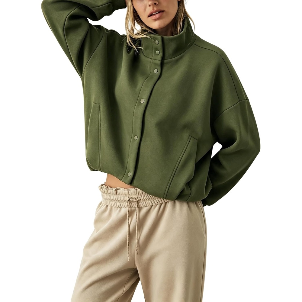 image:imageWomens Bomber Jacket Oversized Windbreaker Funnel Neck Cropped CoatArmygreen