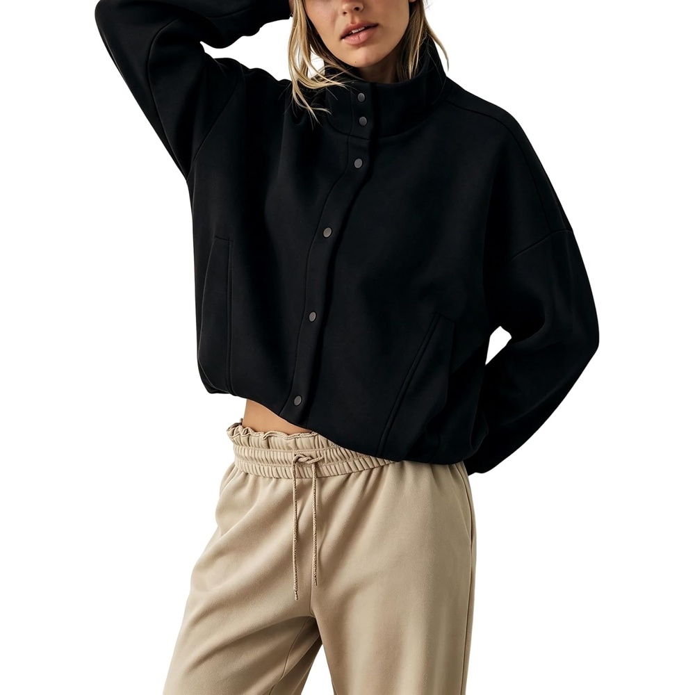 image:imageWomens Bomber Jacket Oversized Windbreaker Funnel Neck Cropped CoatBlack