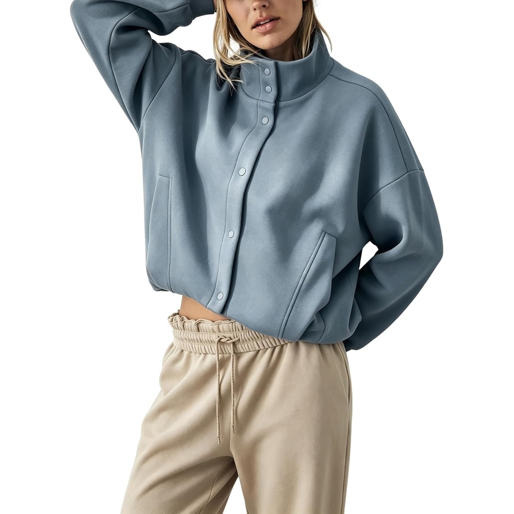 image:imageWomens Bomber Jacket Oversized Windbreaker Funnel Neck Cropped CoatBlue