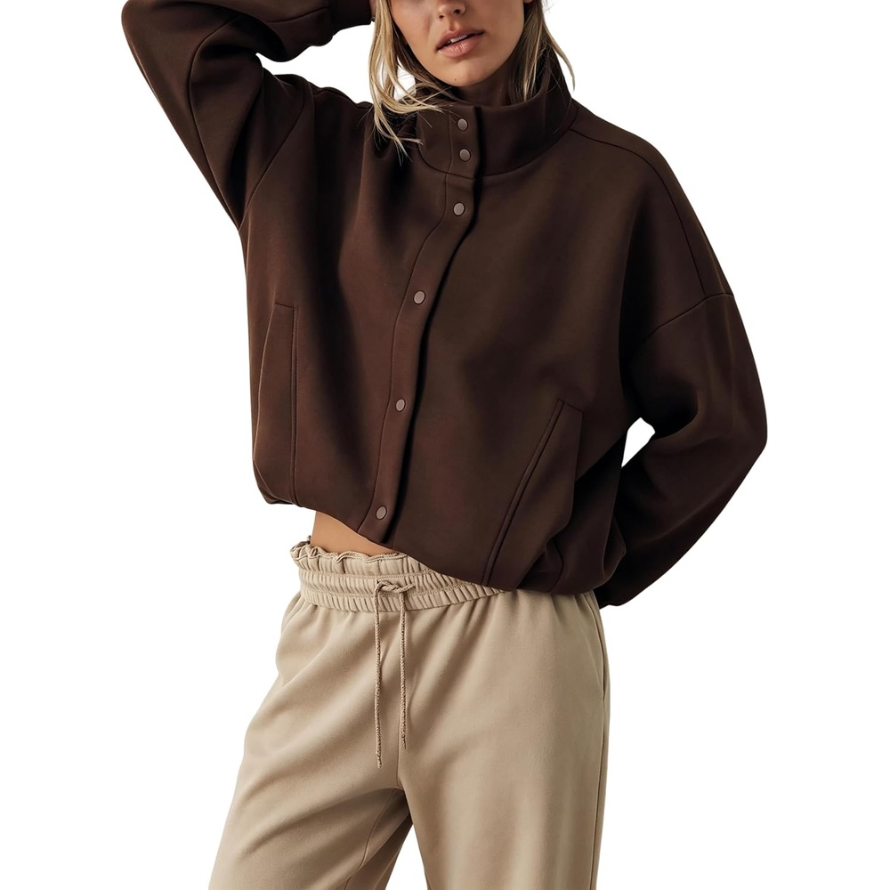 image:imageWomens Bomber Jacket Oversized Windbreaker Funnel Neck Cropped CoatBrown